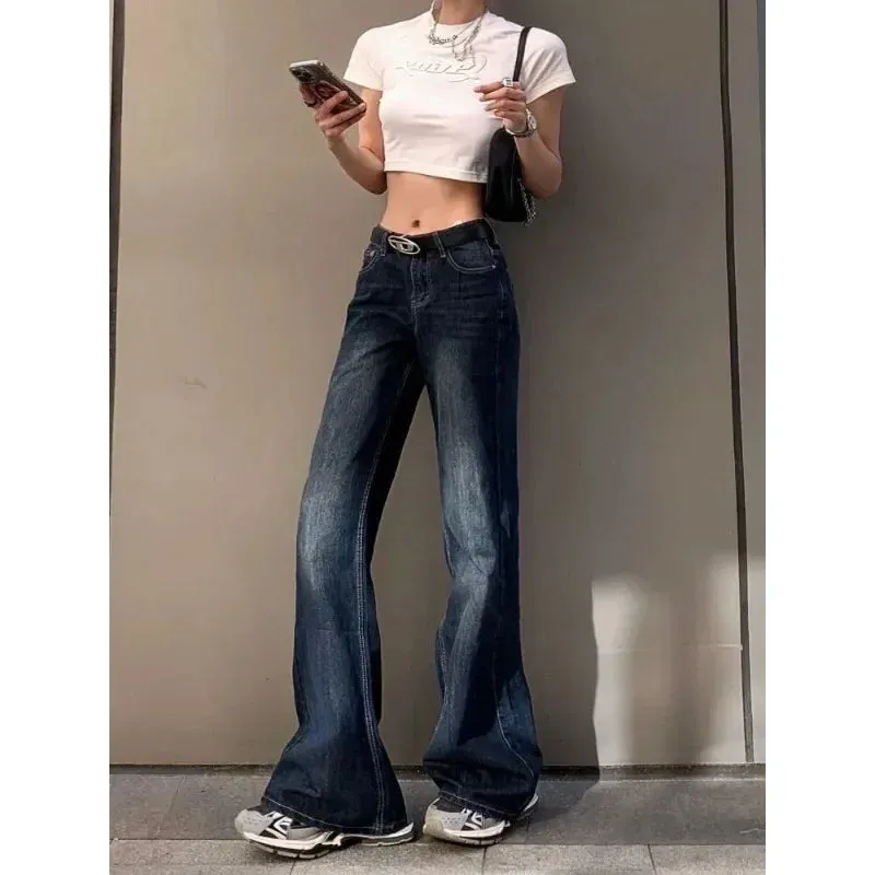 ADVBRIDGE  Y2k Vintage Flared Jeans Women Gyaru Baddies Streetwear Denim Pants Low Rise Korean Fashion Trousers 2000s Aesthetic