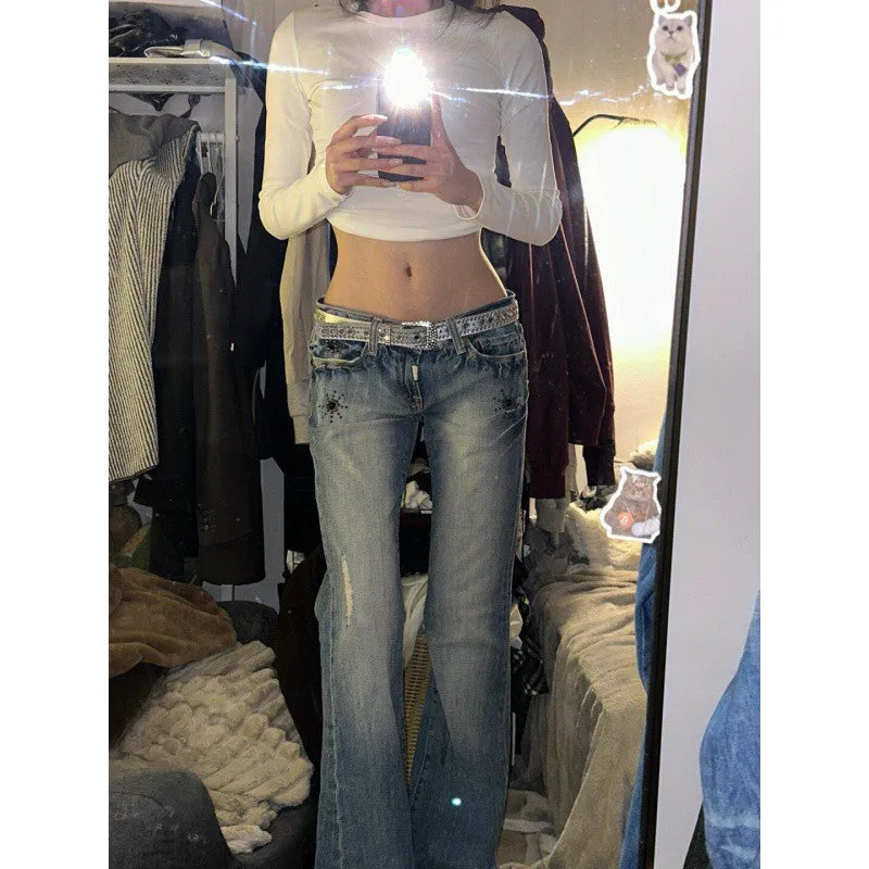 Amozae 2000s fashion American-Style Retro Washed Low Waist Skinny Jeans Women's Worn-out Slim-Fit Slimming Crack Design Heavy-Duty Mopping Pants