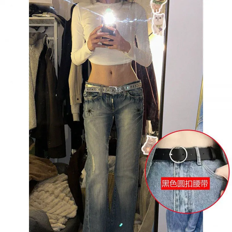 Amozae 2000s fashion American-Style Retro Washed Low Waist Skinny Jeans Women's Worn-out Slim-Fit Slimming Crack Design Heavy-Duty Mopping Pants