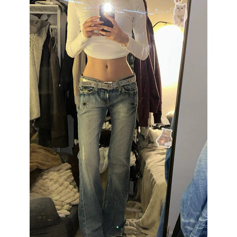 Amozae 2000s fashion American-Style Retro Washed Low Waist Skinny Jeans Women's Worn-out Slim-Fit Slimming Crack Design Heavy-Duty Mopping Pants