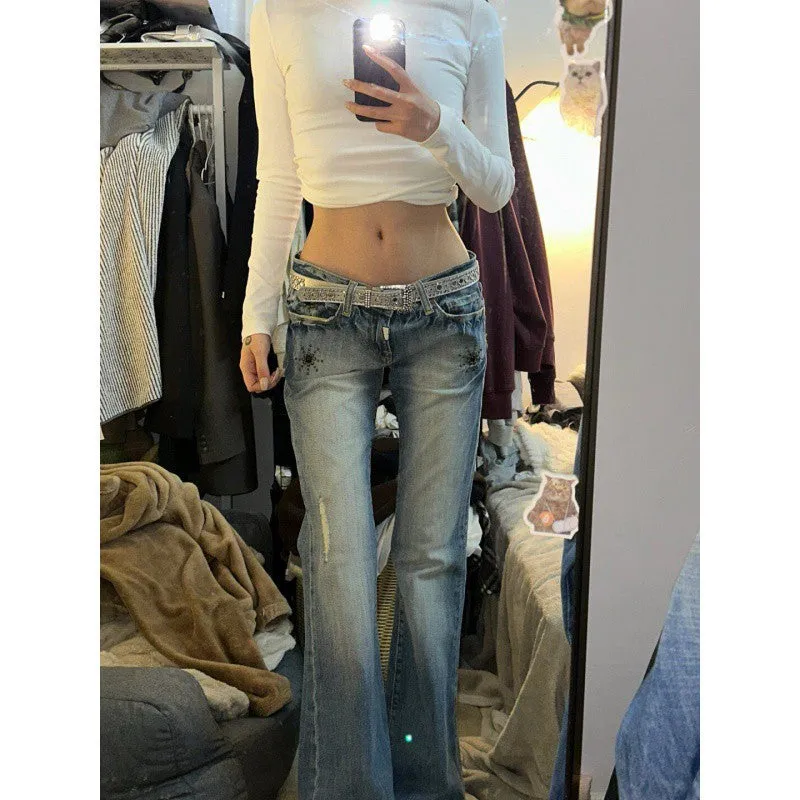 Amozae 2000s fashion American-Style Retro Washed Low Waist Skinny Jeans Women's Worn-out Slim-Fit Slimming Crack Design Heavy-Duty Mopping Pants