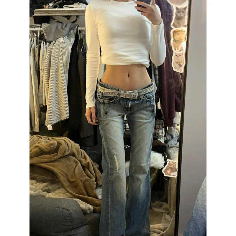 Amozae 2000s fashion American-Style Retro Washed Low Waist Skinny Jeans Women's Worn-out Slim-Fit Slimming Crack Design Heavy-Duty Mopping Pants