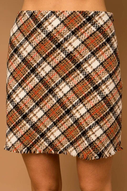 Bianca Bias Plaid Frayed Hem Mini Skirt
