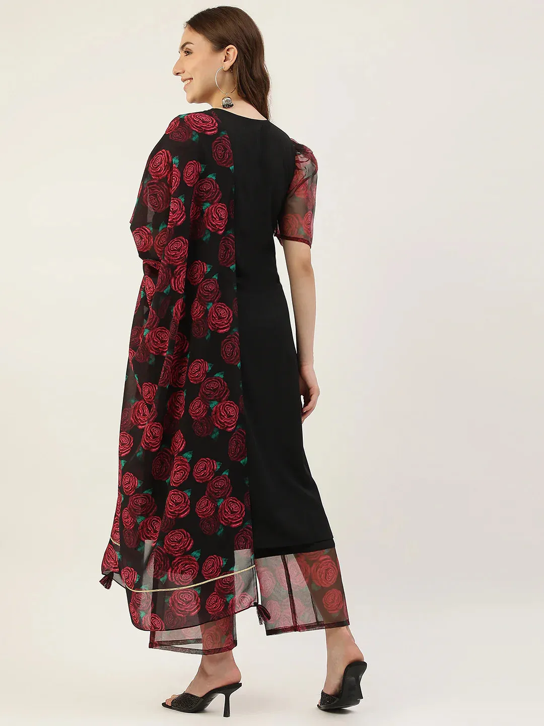 Black & Red Crepe Printed Suit Set with Organza Dupatta