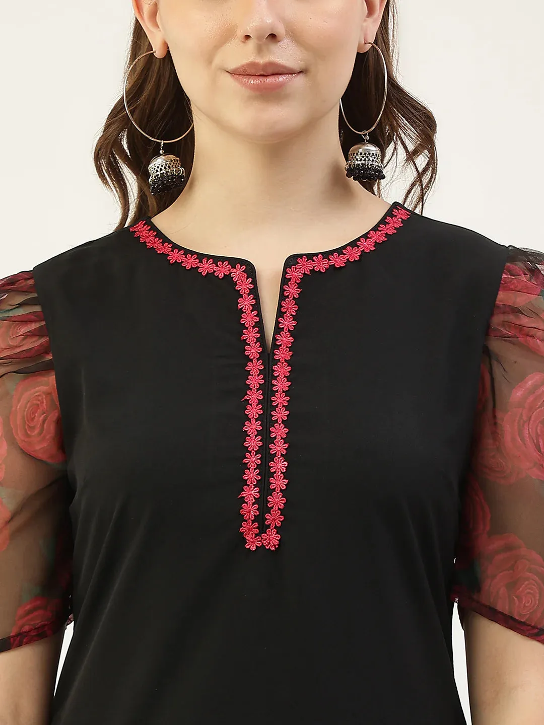 Black & Red Crepe Printed Suit Set with Organza Dupatta