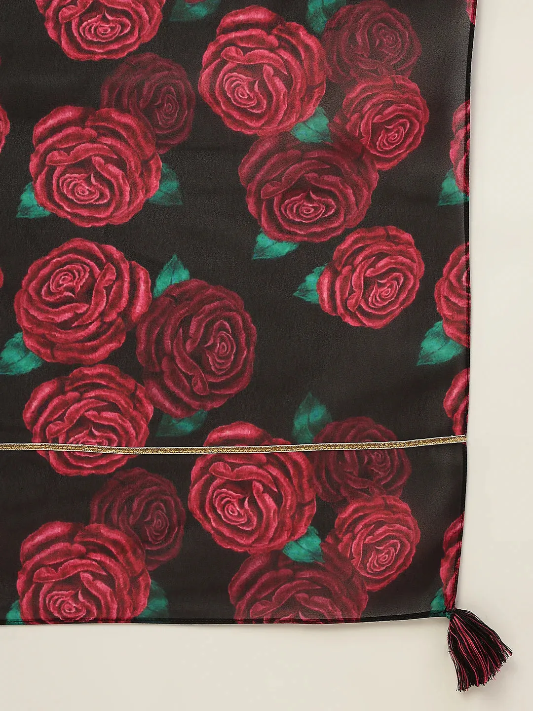 Black & Red Crepe Printed Suit Set with Organza Dupatta