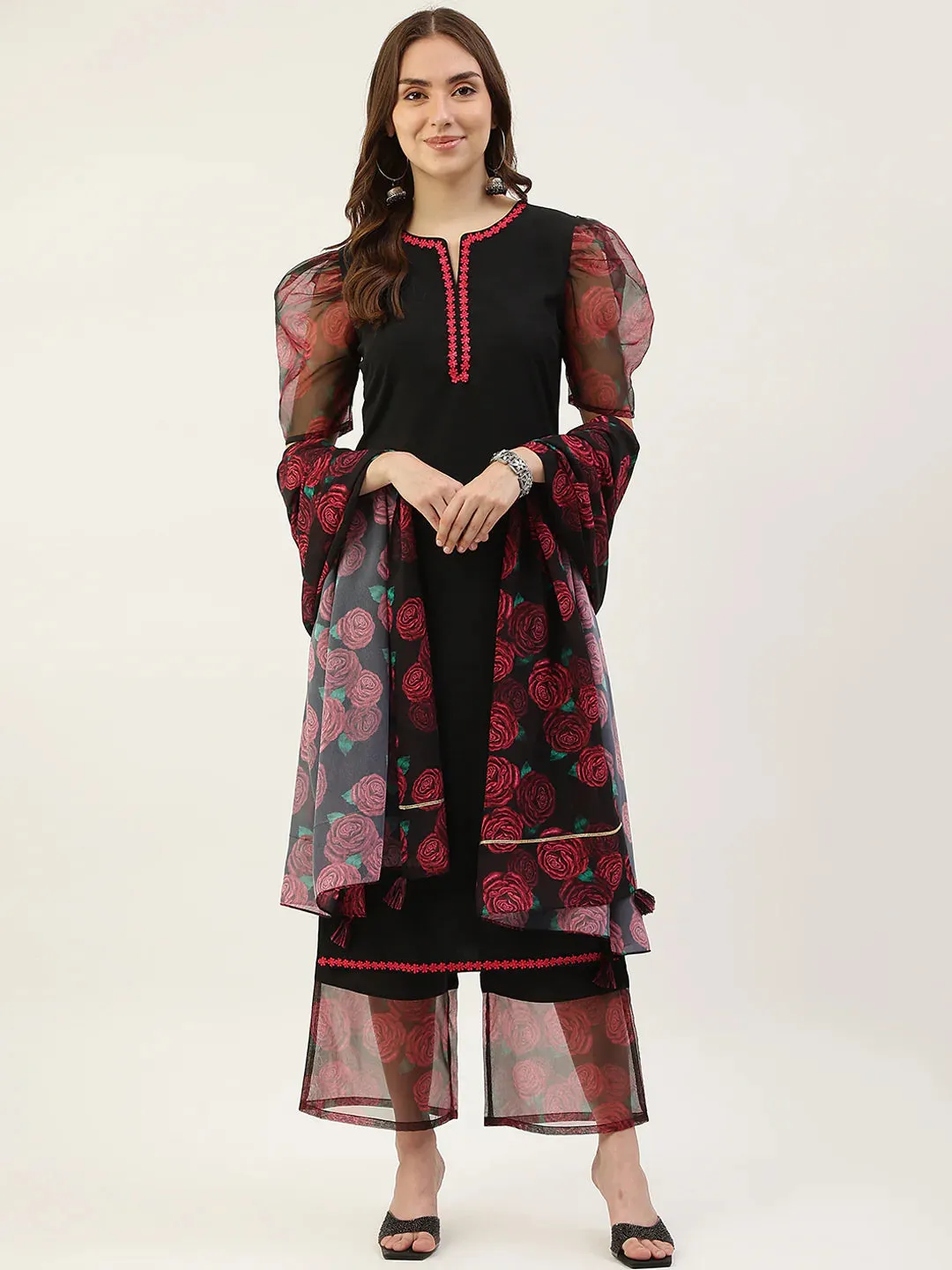 Black & Red Crepe Printed Suit Set with Organza Dupatta