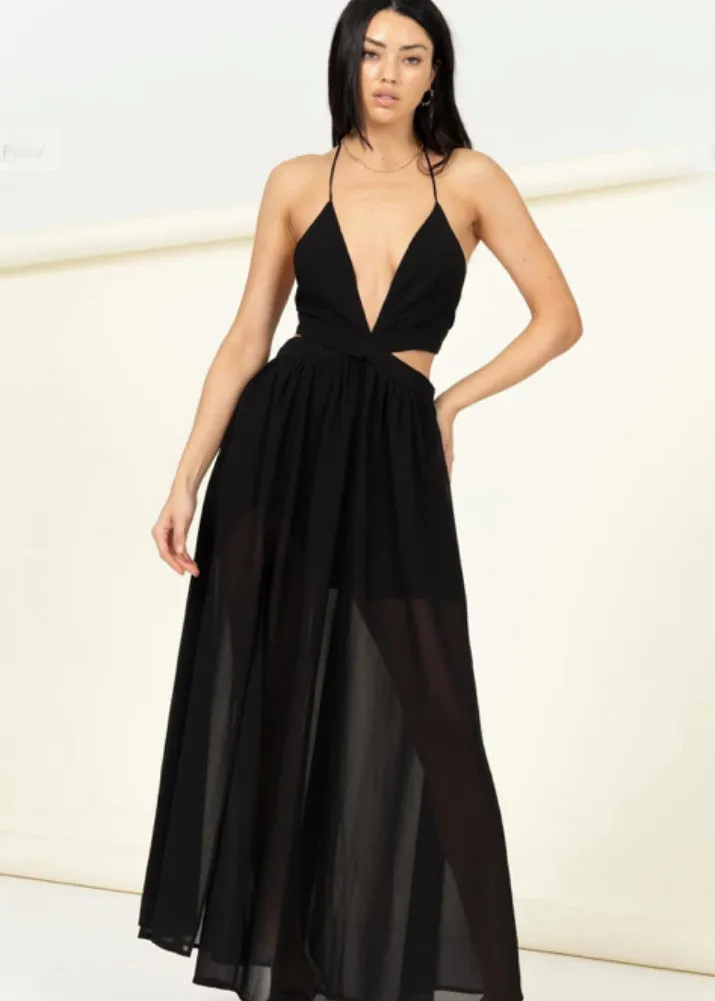 Black Deep V Maxi Dress with Cutouts