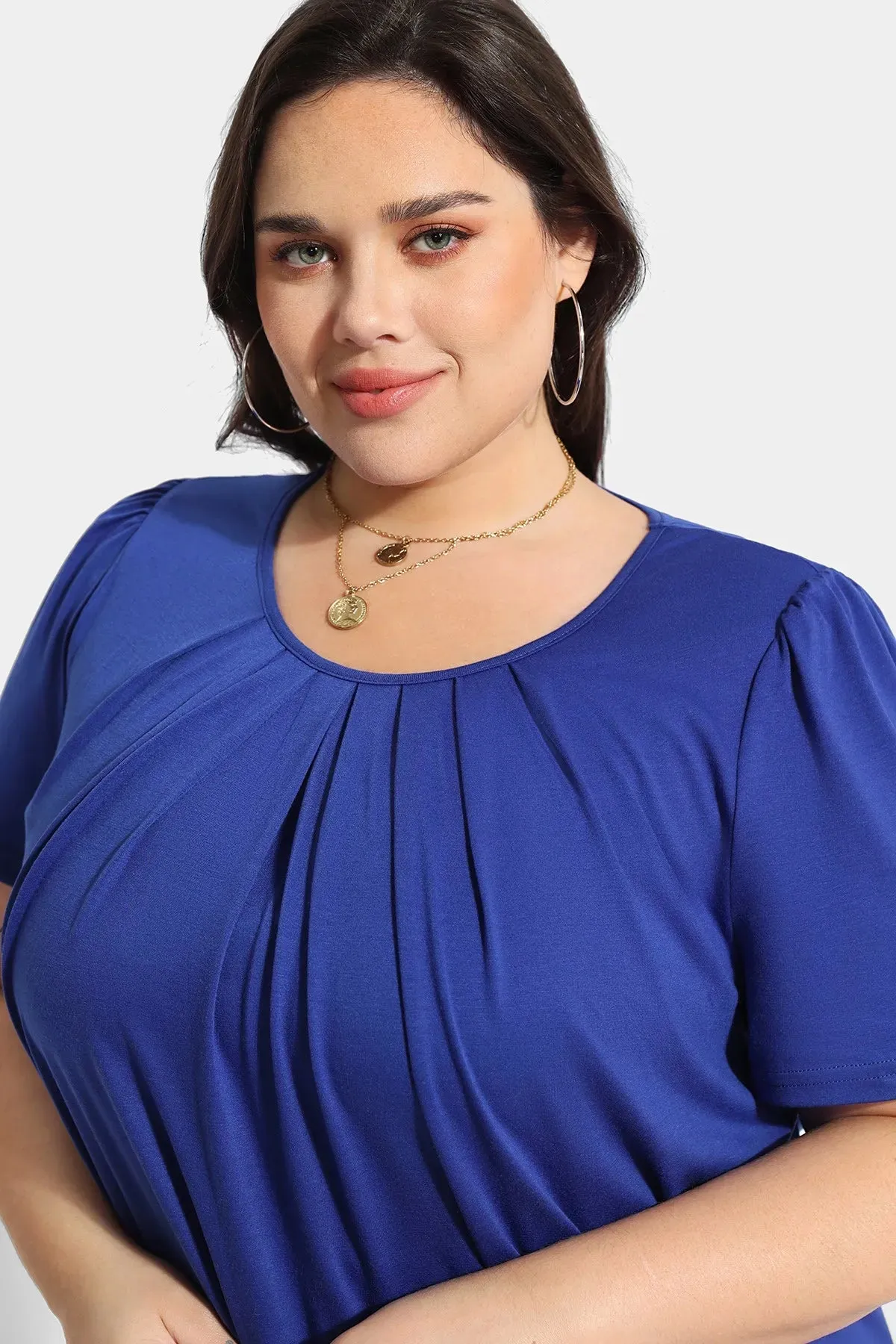Blue Crewneck Pleated Blouse