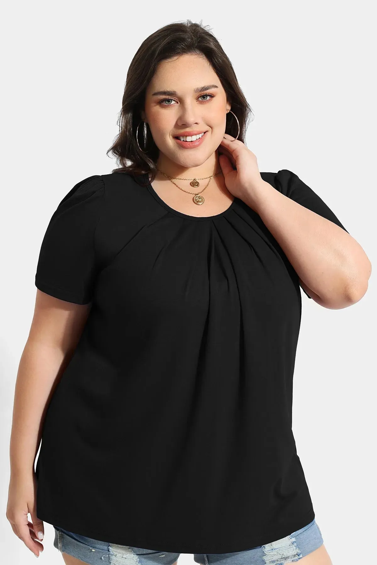 Blue Crewneck Pleated Blouse