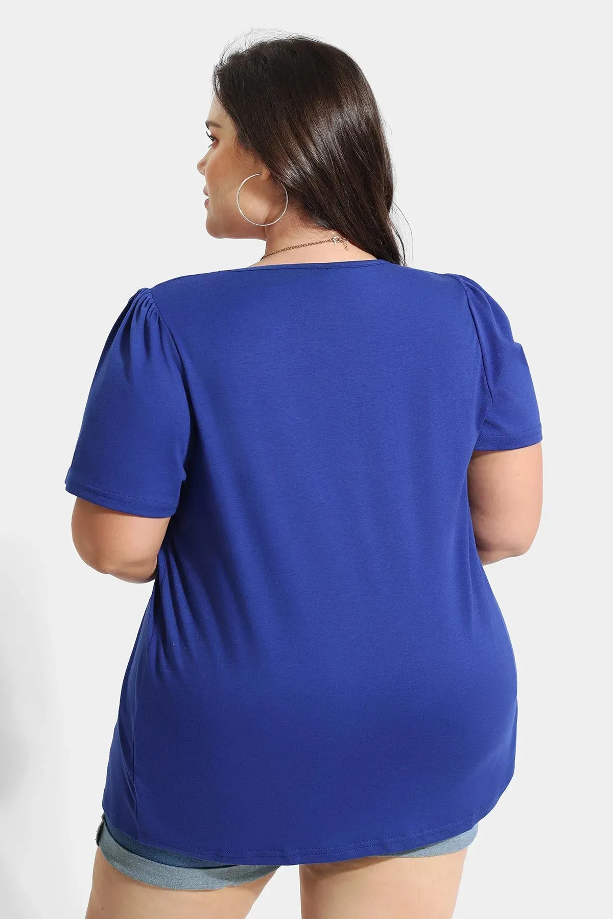 Blue Crewneck Pleated Blouse