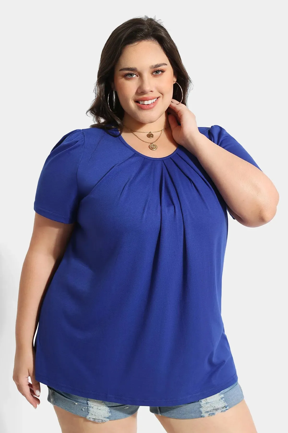 Blue Crewneck Pleated Blouse