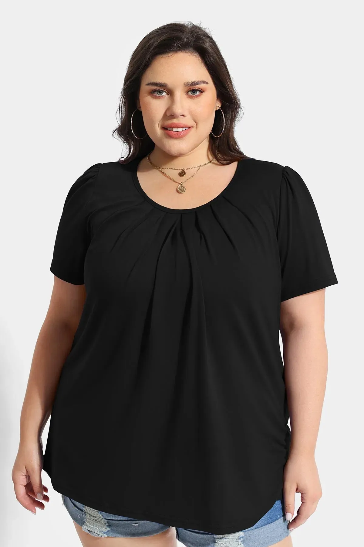 Blue Crewneck Pleated Blouse