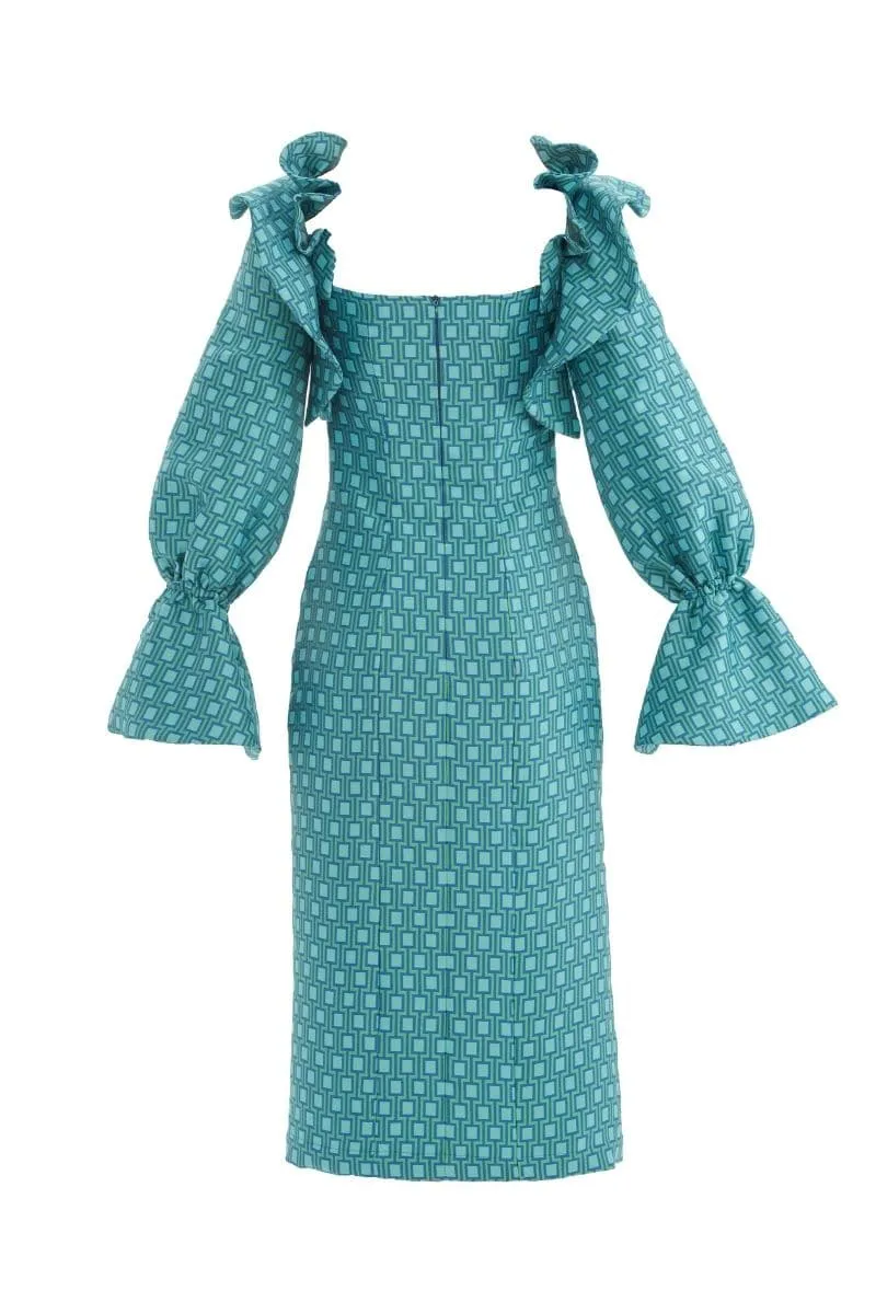 BLUE SUNNY RUFFLE CORSET MIDI DRESS
