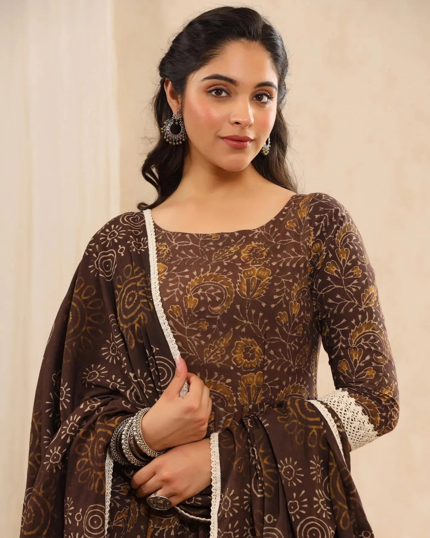 Brown Cotton Printed Anarkali Suit Set with Dupatta
