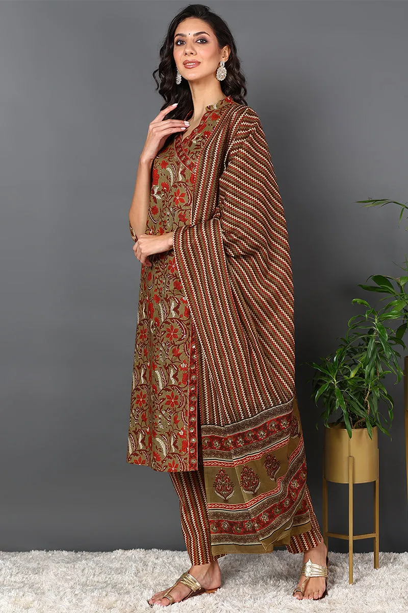 Brown Pure Cotton Ethnic Motifs Printed Angharkha Style Suit Set