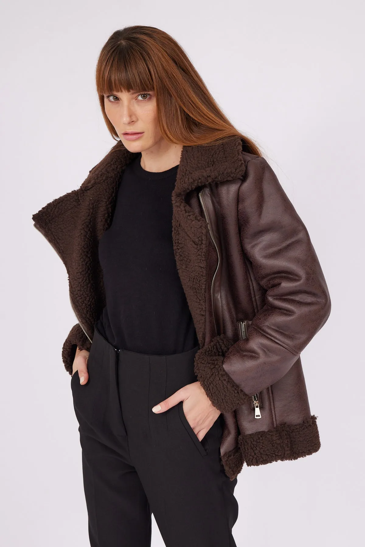 BROWN SIDE ZIPPER COAT