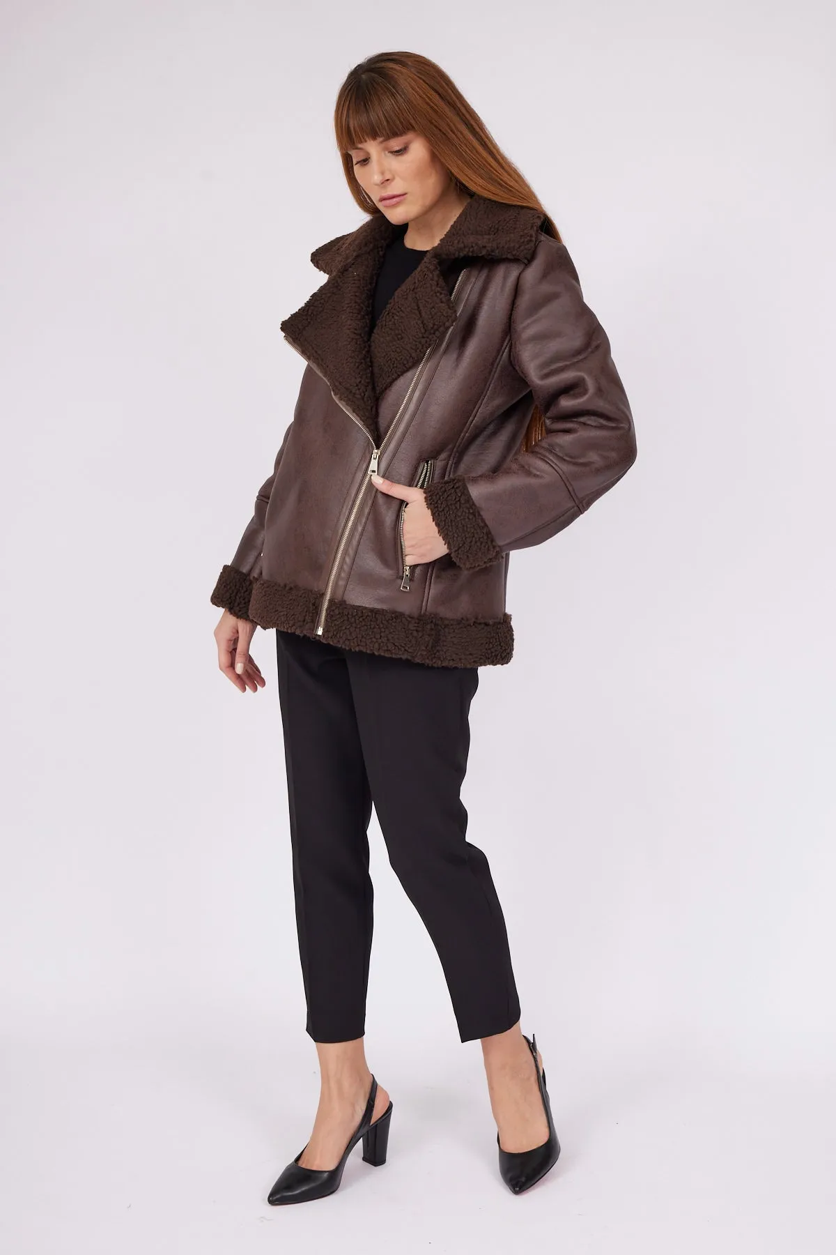 BROWN SIDE ZIPPER COAT