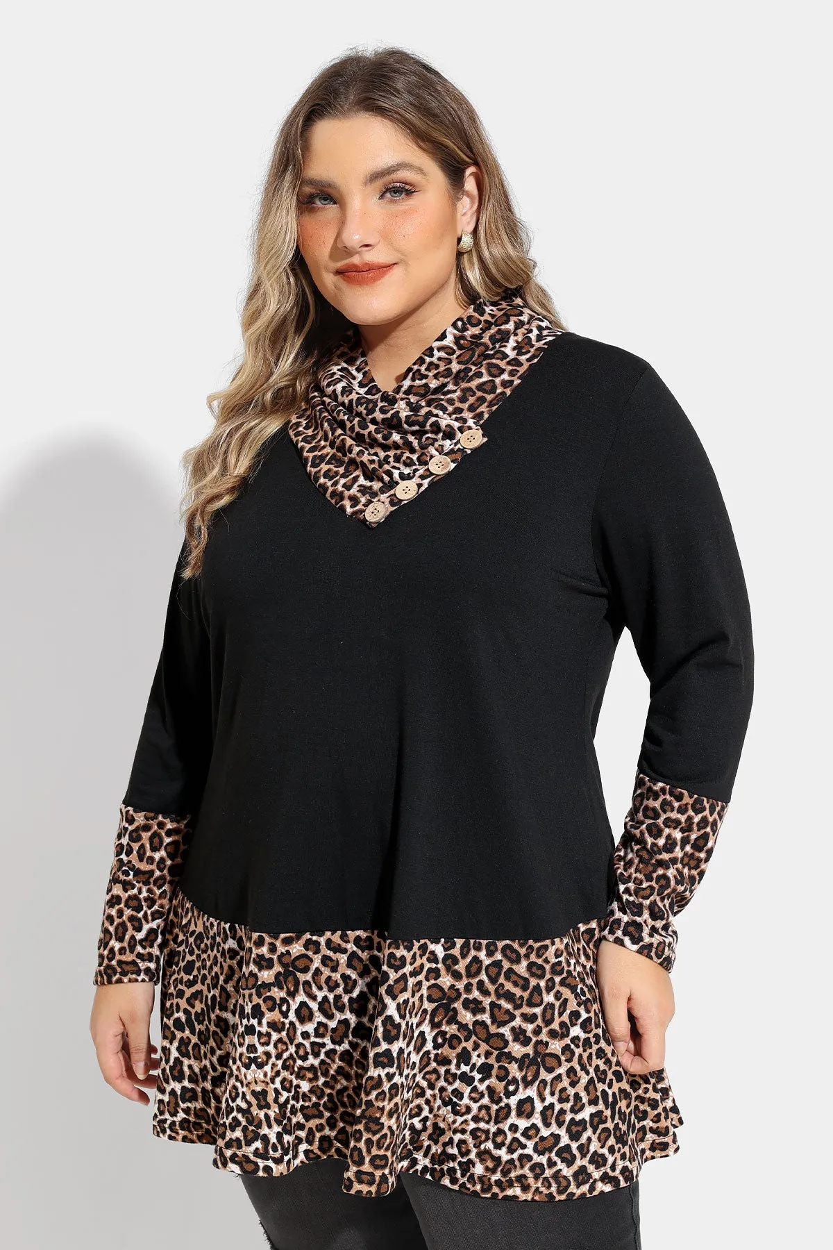 Colorblock Plaid Cowl Neck Tunic Shirt