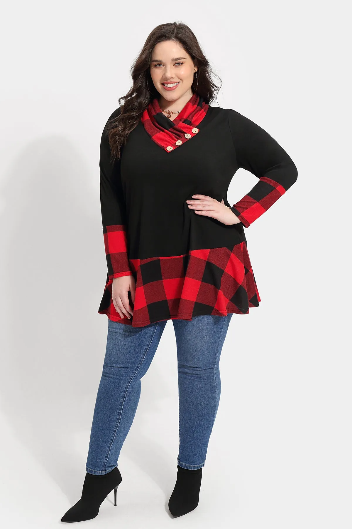 Colorblock Plaid Cowl Neck Tunic Shirt