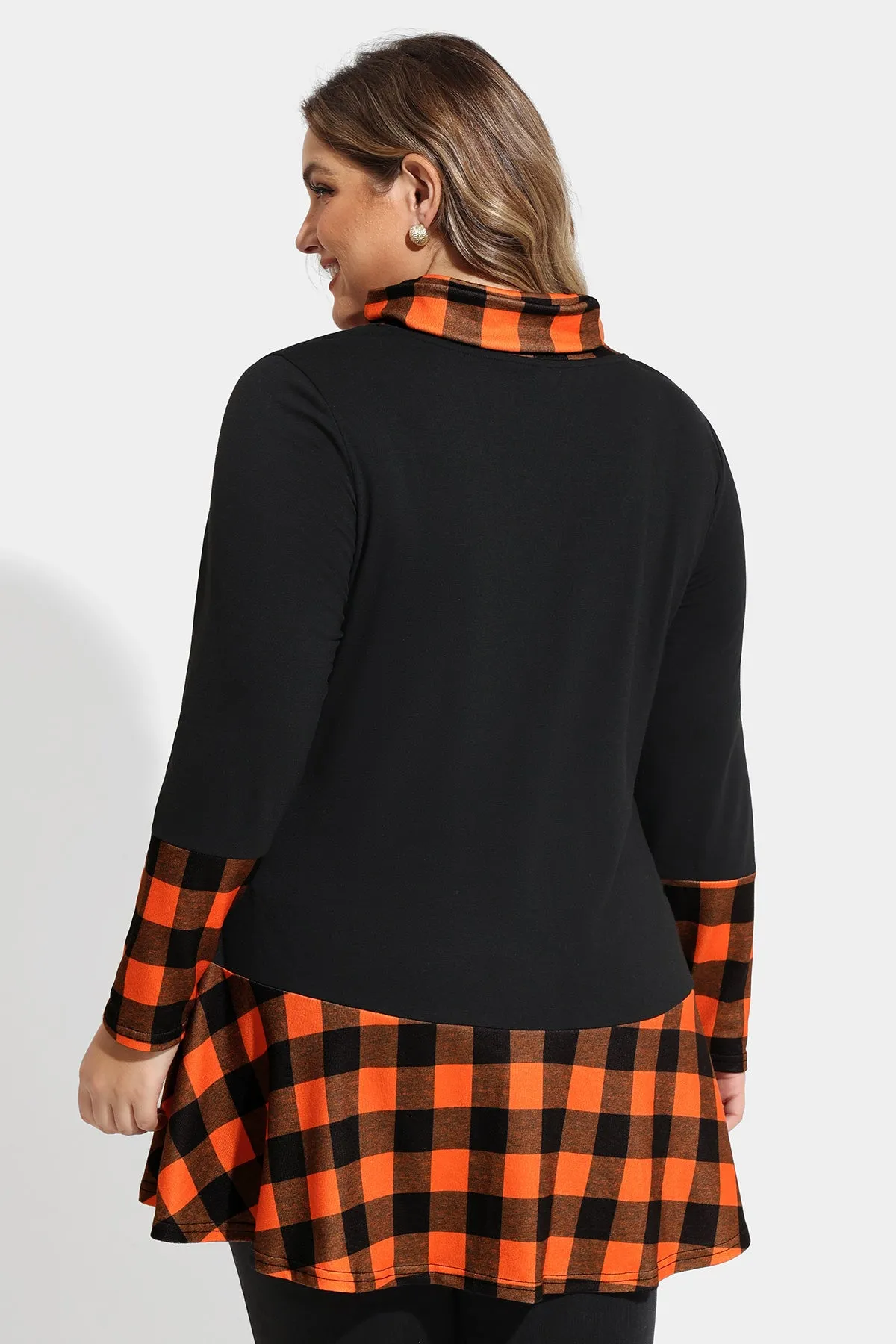 Colorblock Plaid Cowl Neck Tunic Shirt