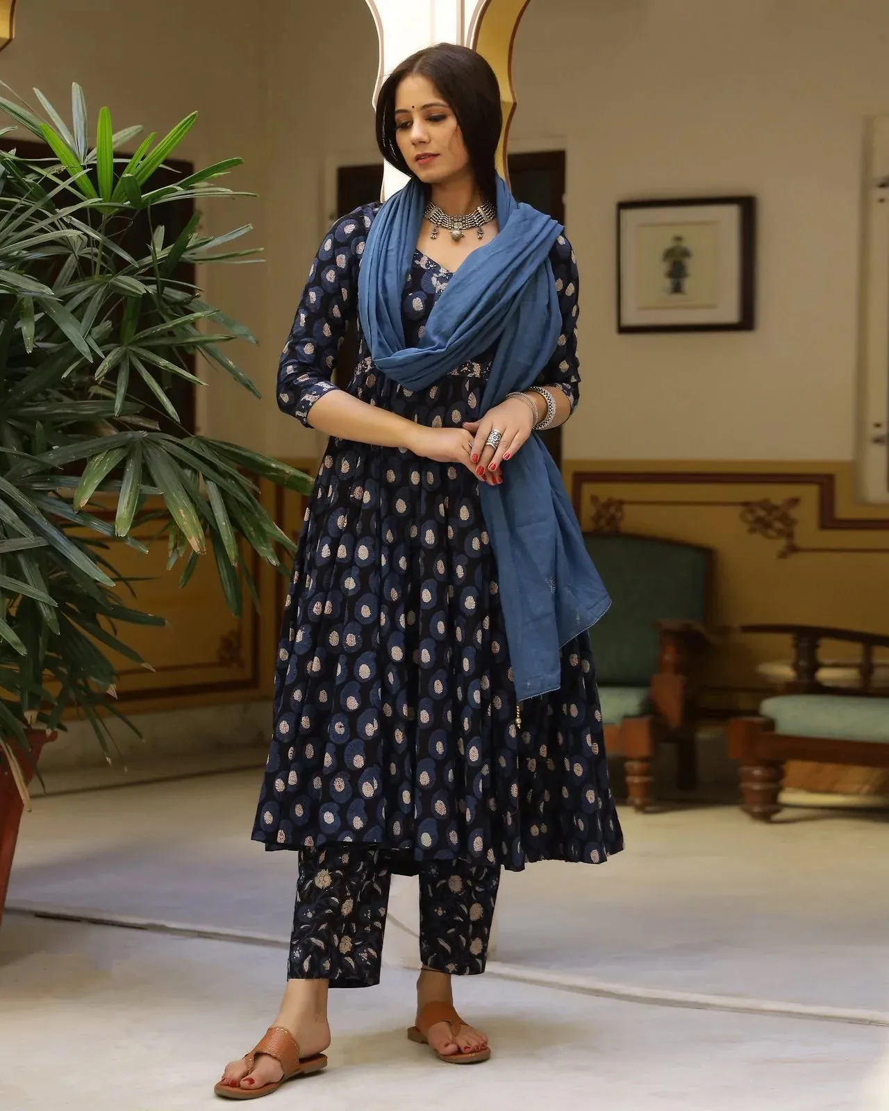 Cotton Navy Blue Bagru Print Anarkali Suit Set wit Mulmul Dupatta