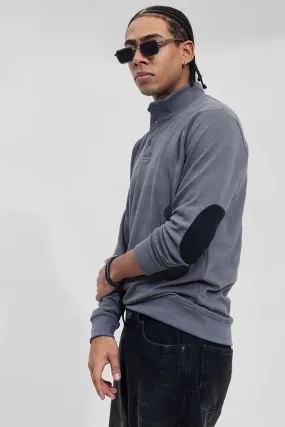 Dark Grey Elbow Patch Textured T-Shirt