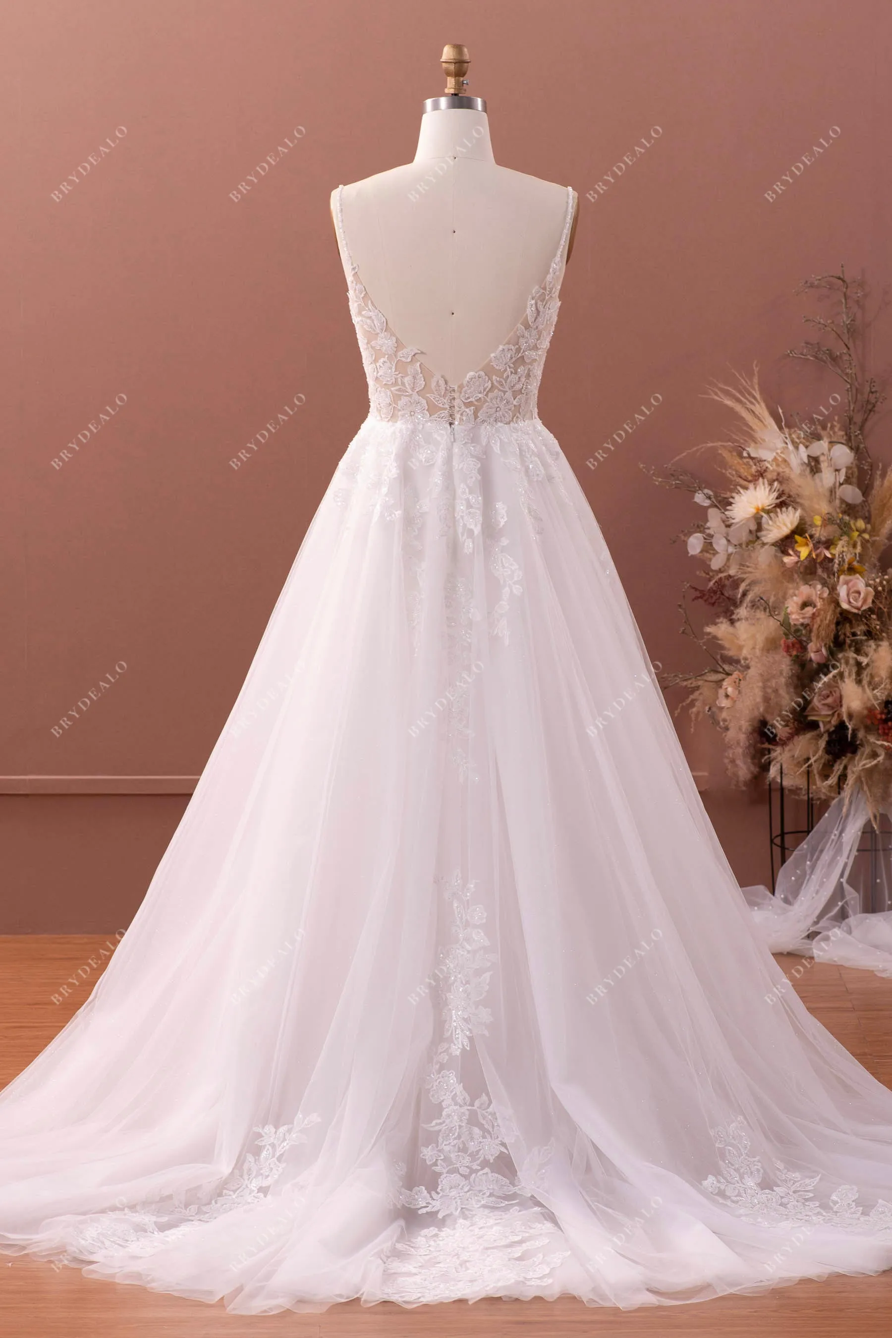 Designer Plunging Neck Lace Tulle Fairy A-line Wedding Dress