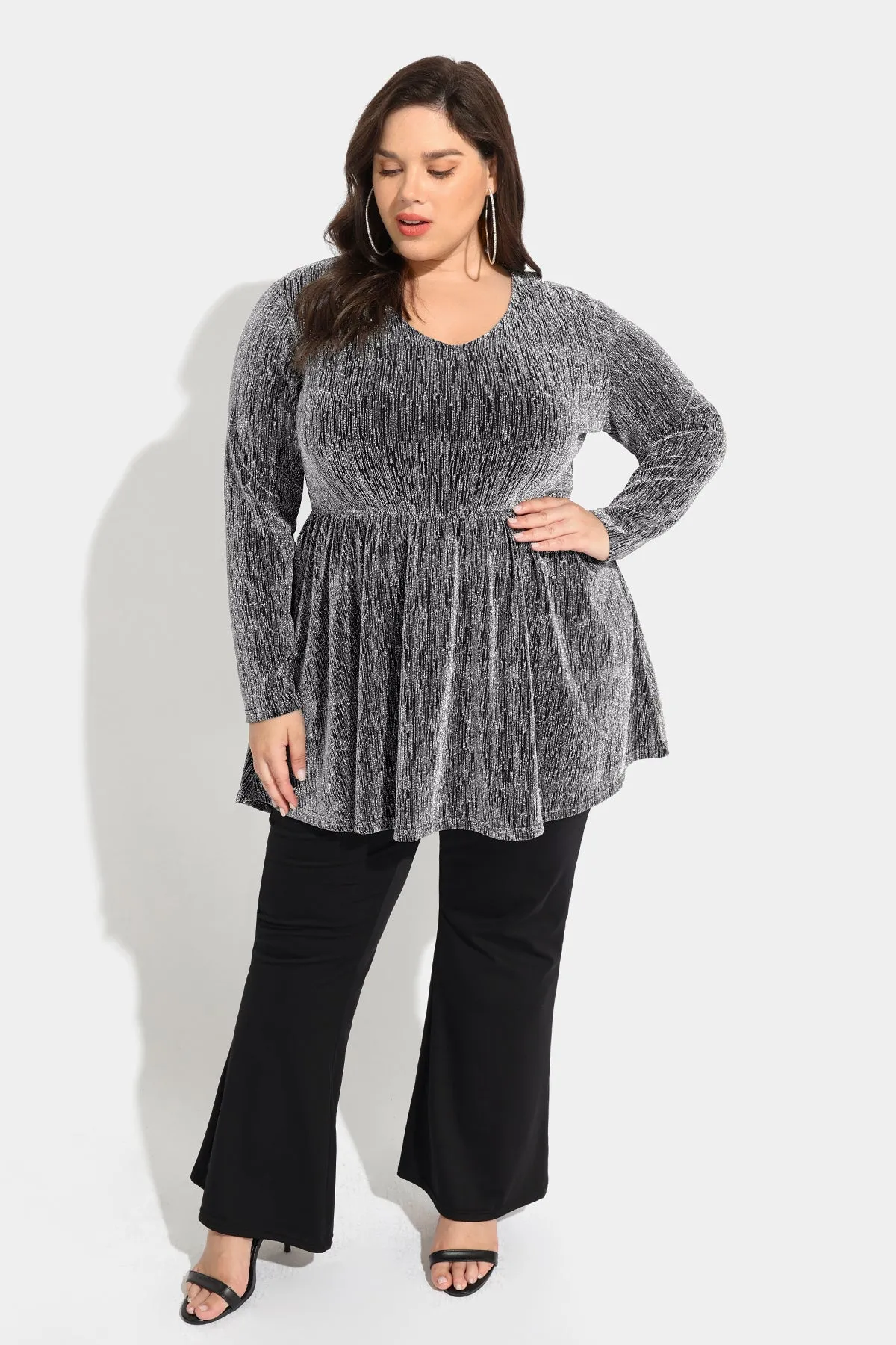 Elastic Waist Flowy Pleated Tunic Long Sleeve Shirt