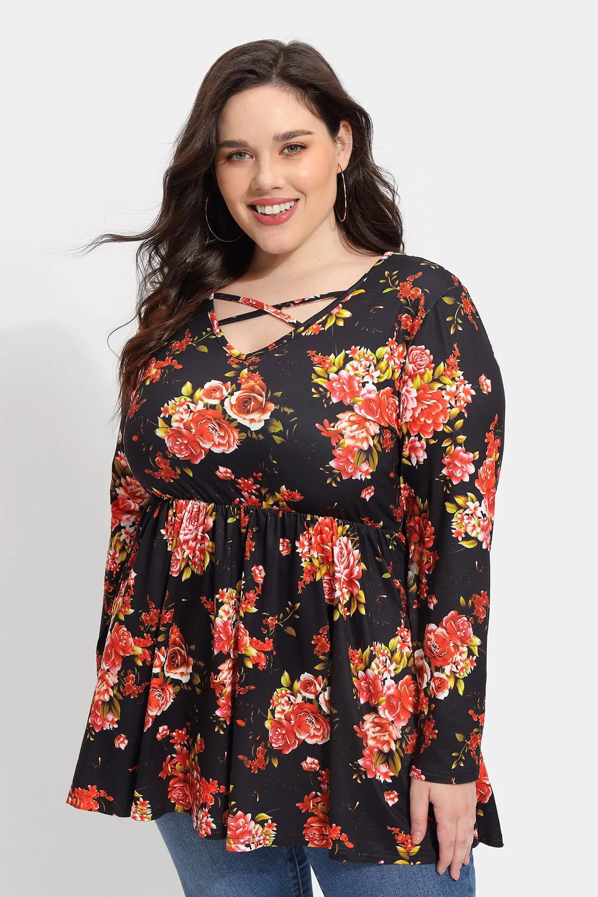 Floral Crisscross V Neck Pleated Tunic Shirt