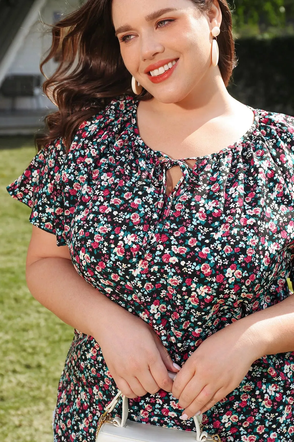Floral Drawstring Crewneck Ruffle Sleeve Blouse