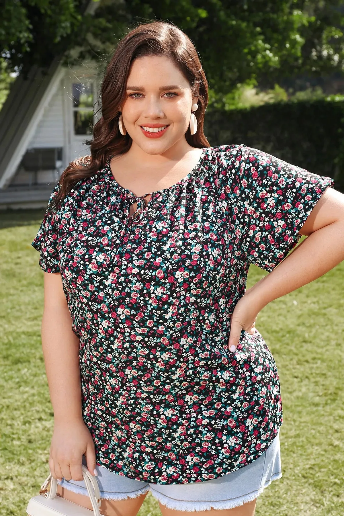 Floral Drawstring Crewneck Ruffle Sleeve Blouse
