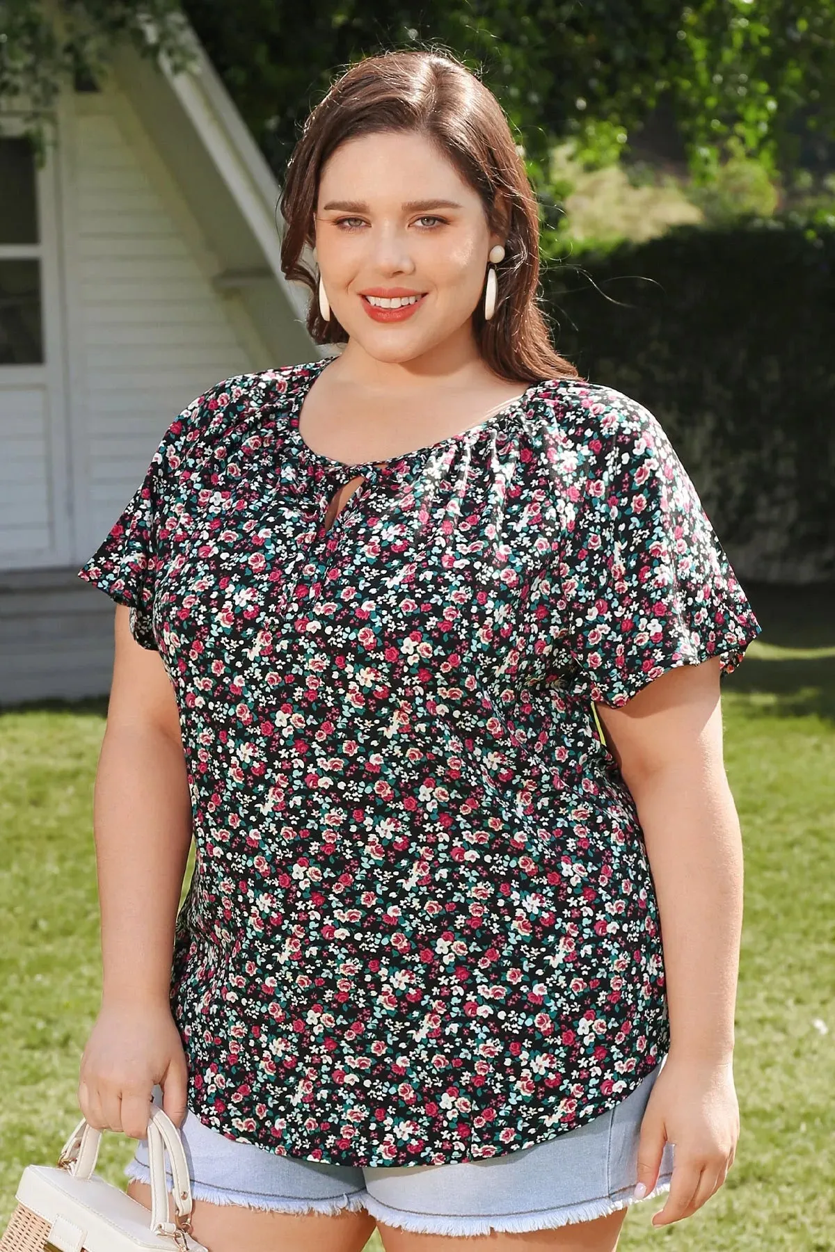Floral Drawstring Crewneck Ruffle Sleeve Blouse