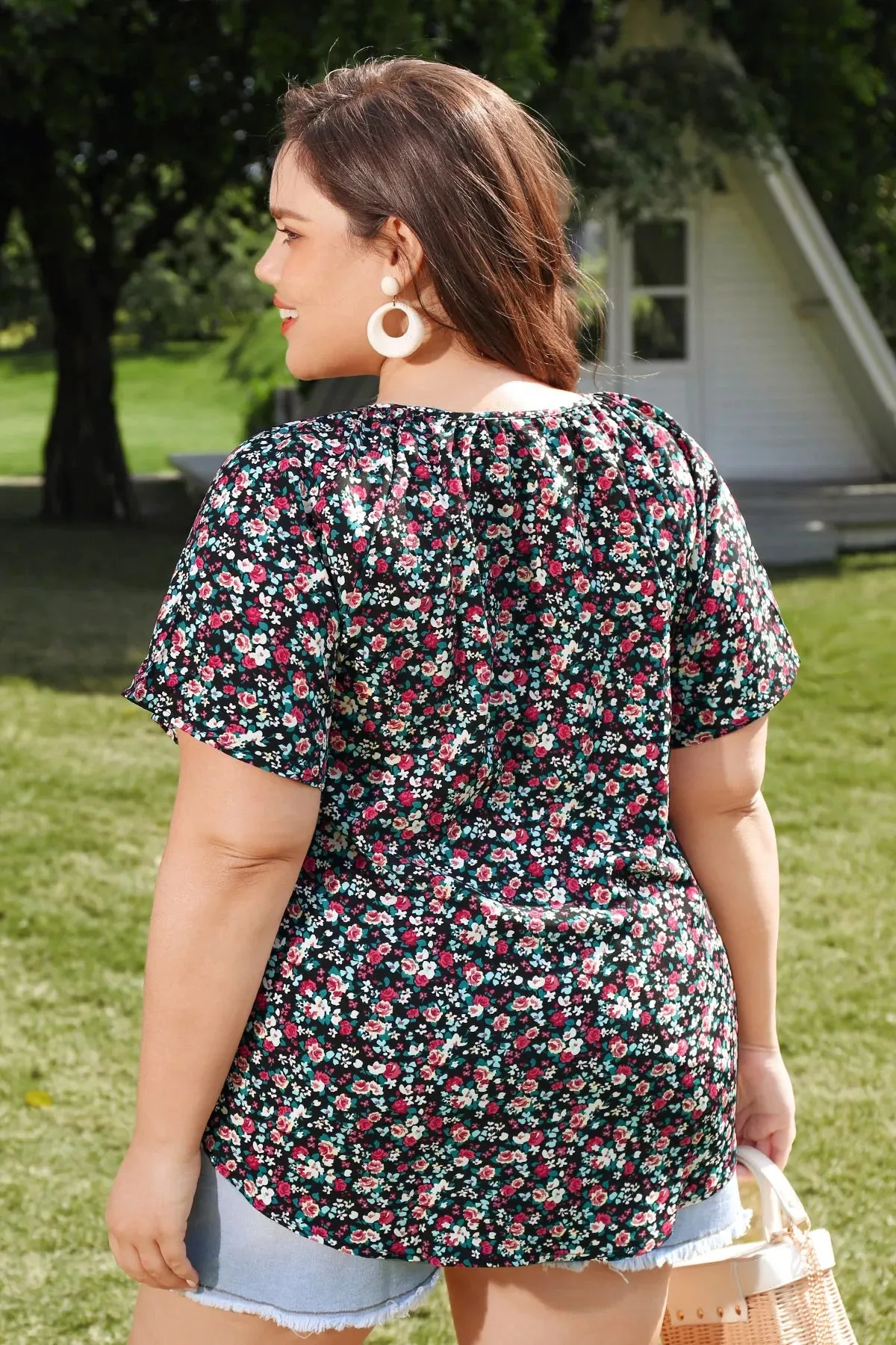 Floral Drawstring Crewneck Ruffle Sleeve Blouse