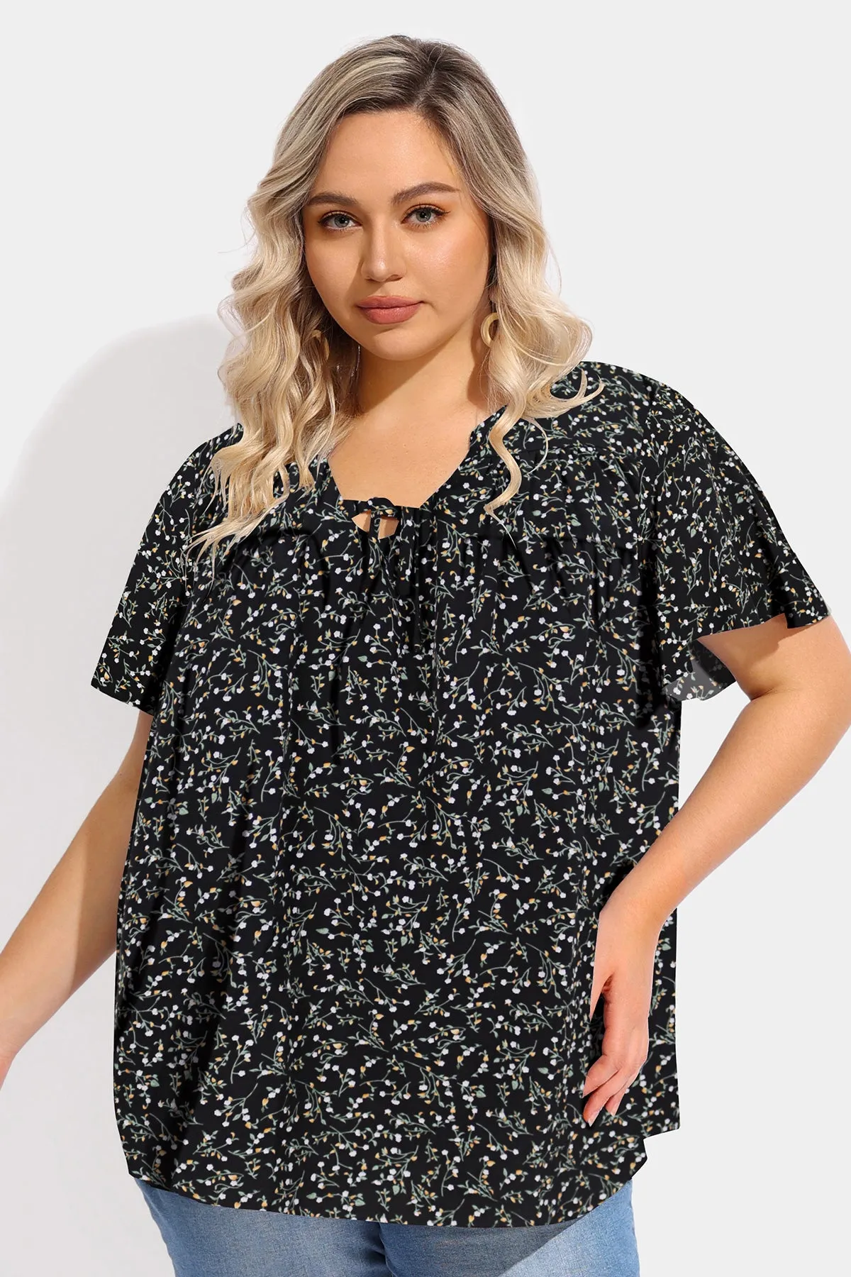 Floral Drawstring V Neck Pleated Blouse
