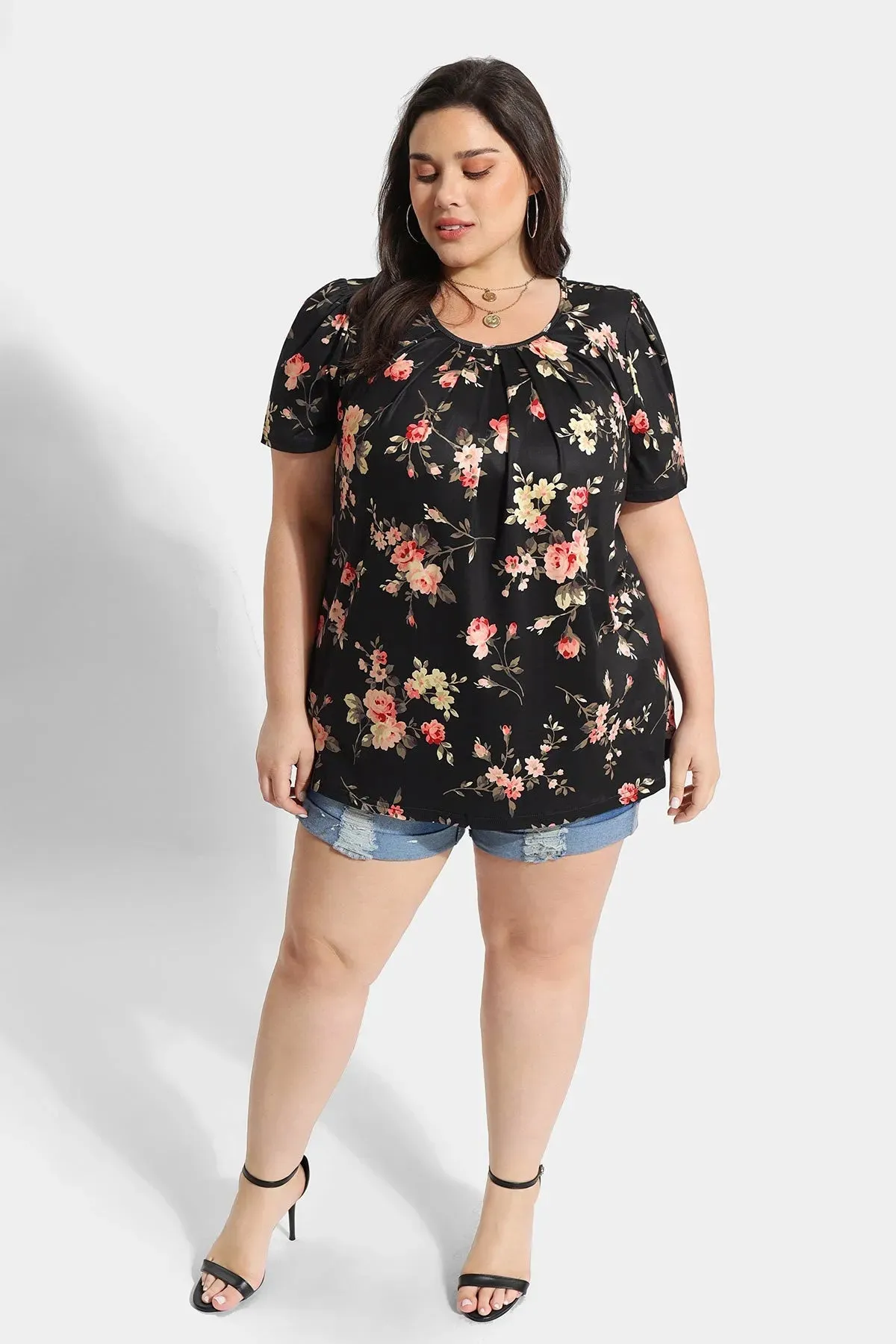 Floral Print Crewneck Pleated Blouse