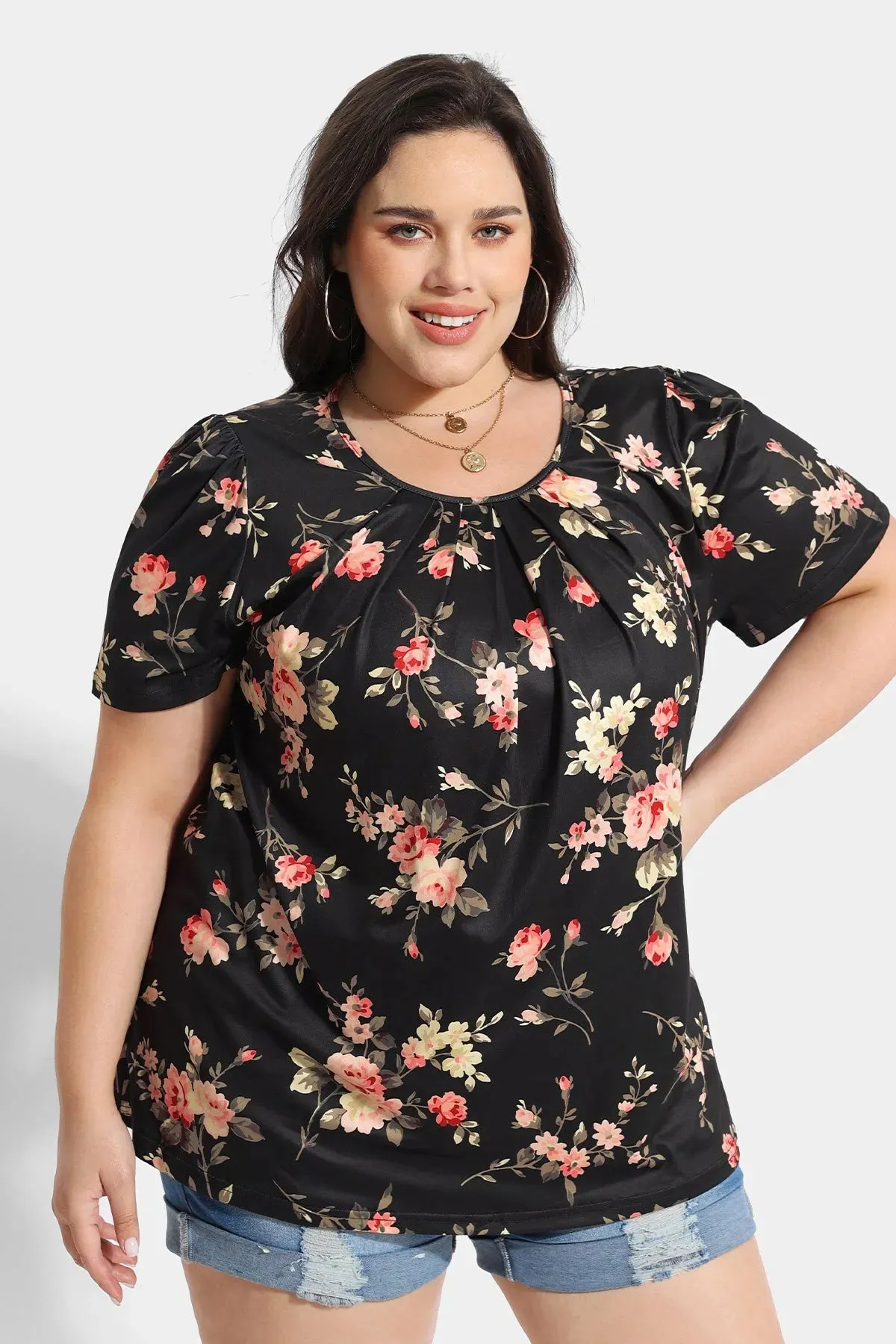 Floral Print Crewneck Pleated Blouse