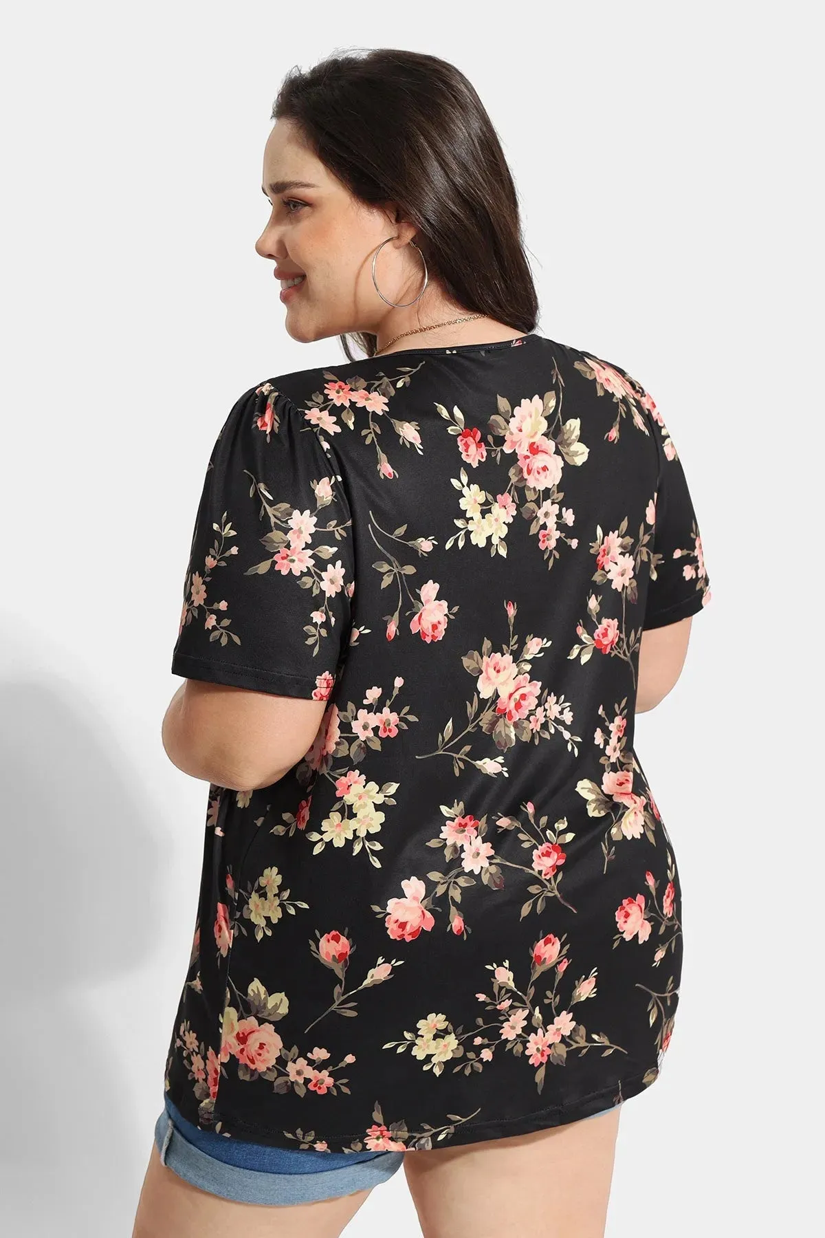 Floral Print Crewneck Pleated Blouse
