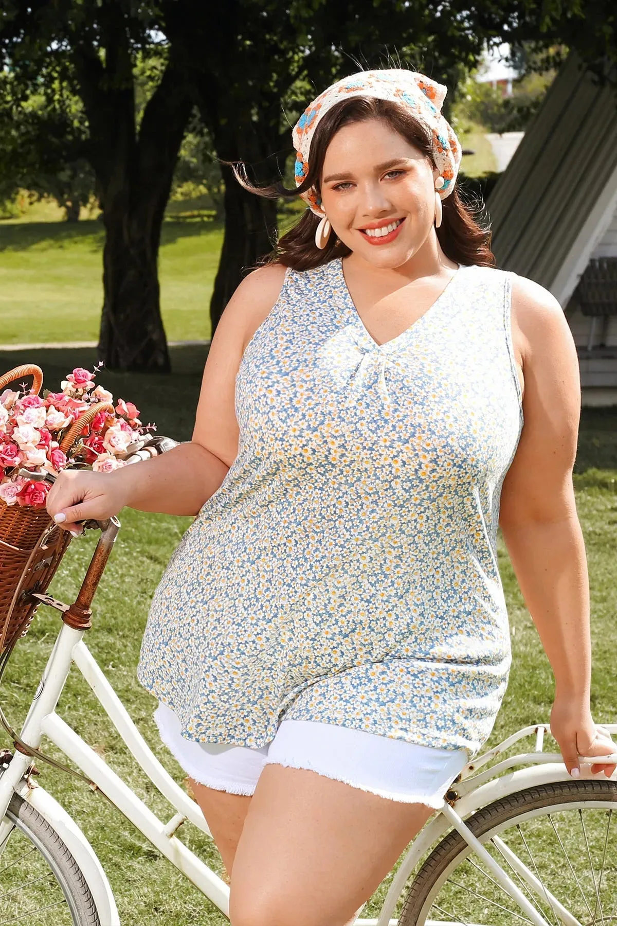 Floral Print Gathered V Neck Tank Top