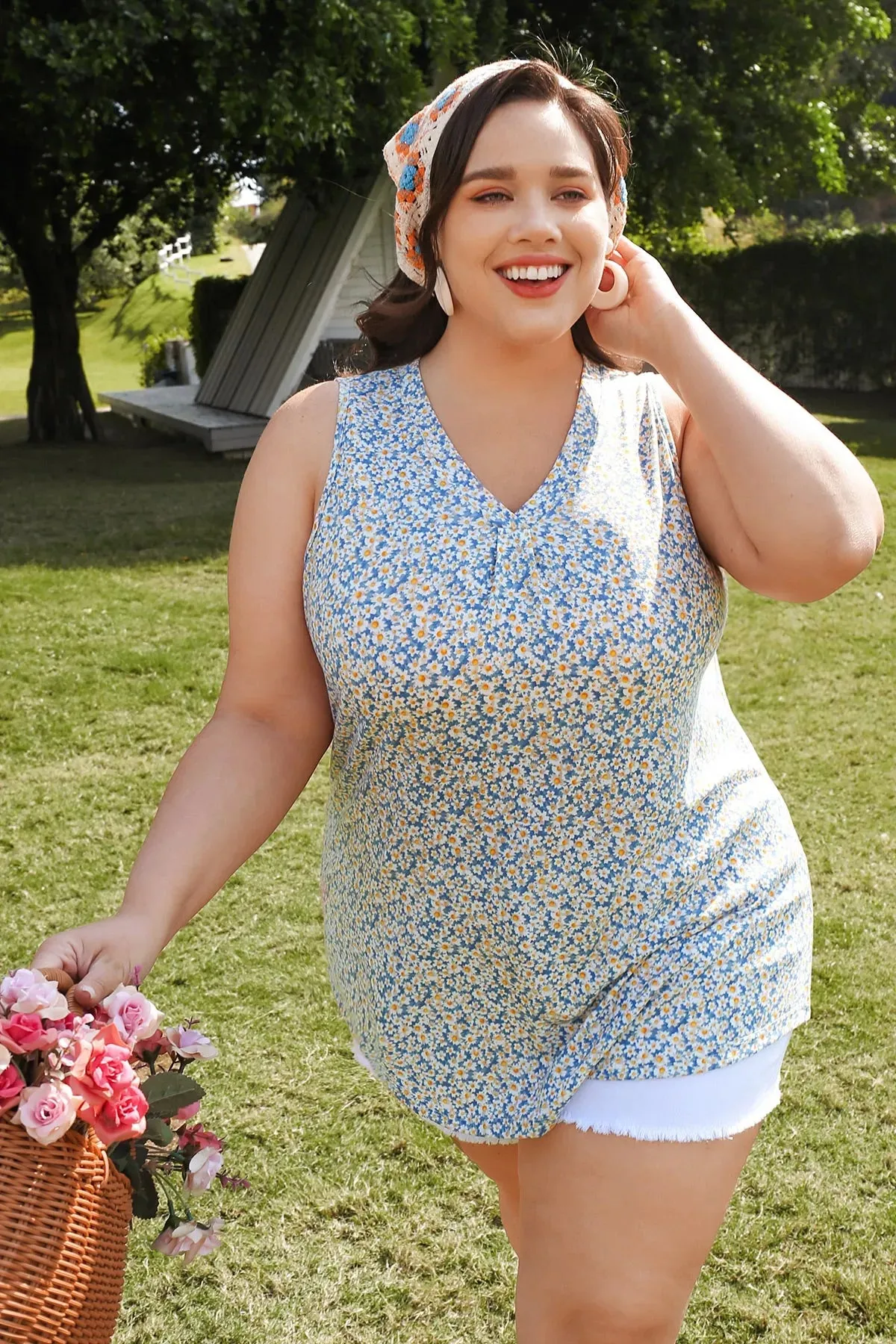 Floral Print Gathered V Neck Tank Top