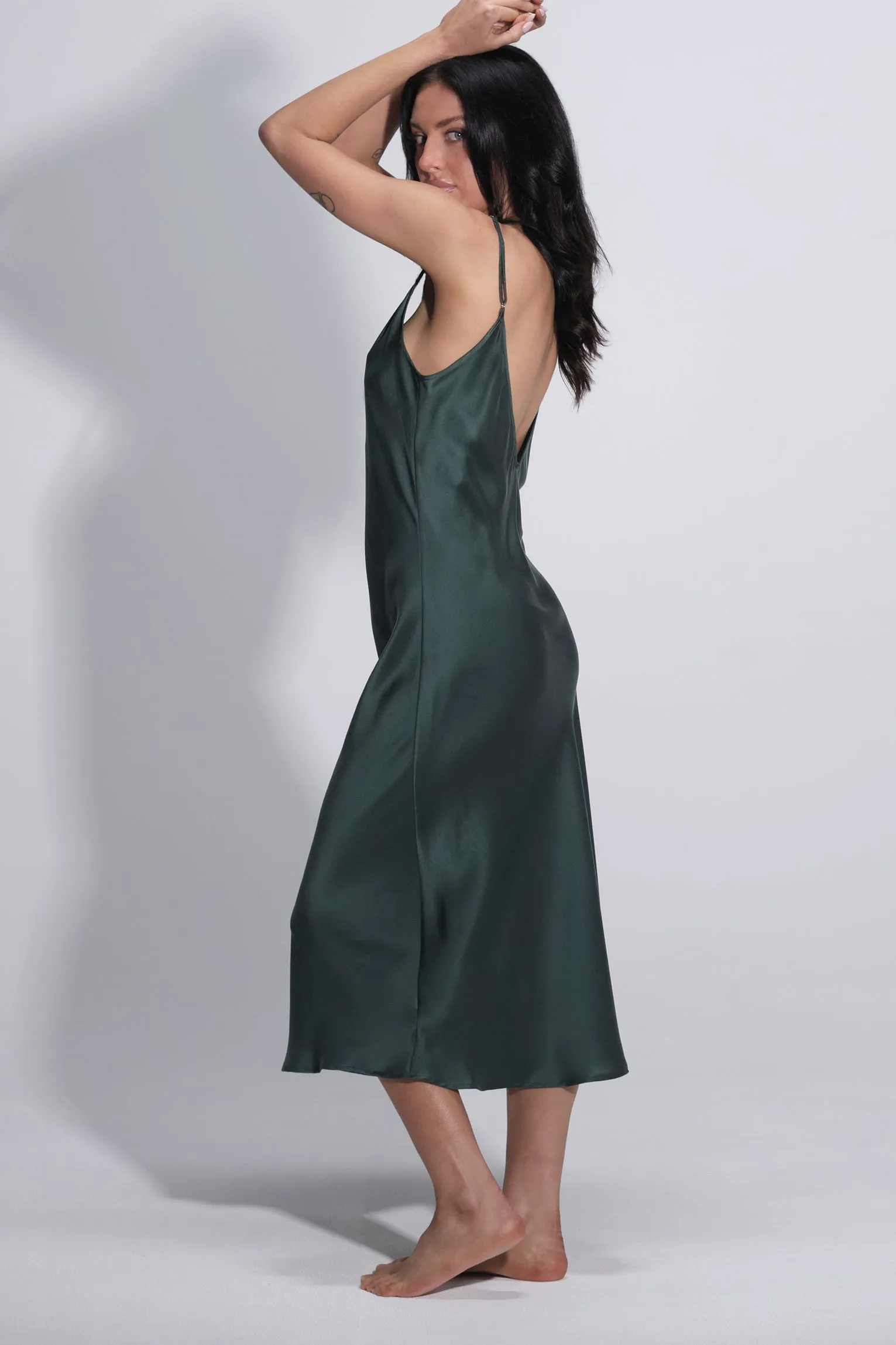 Gaia Deep V Silk Dress Nightie Forest Green
