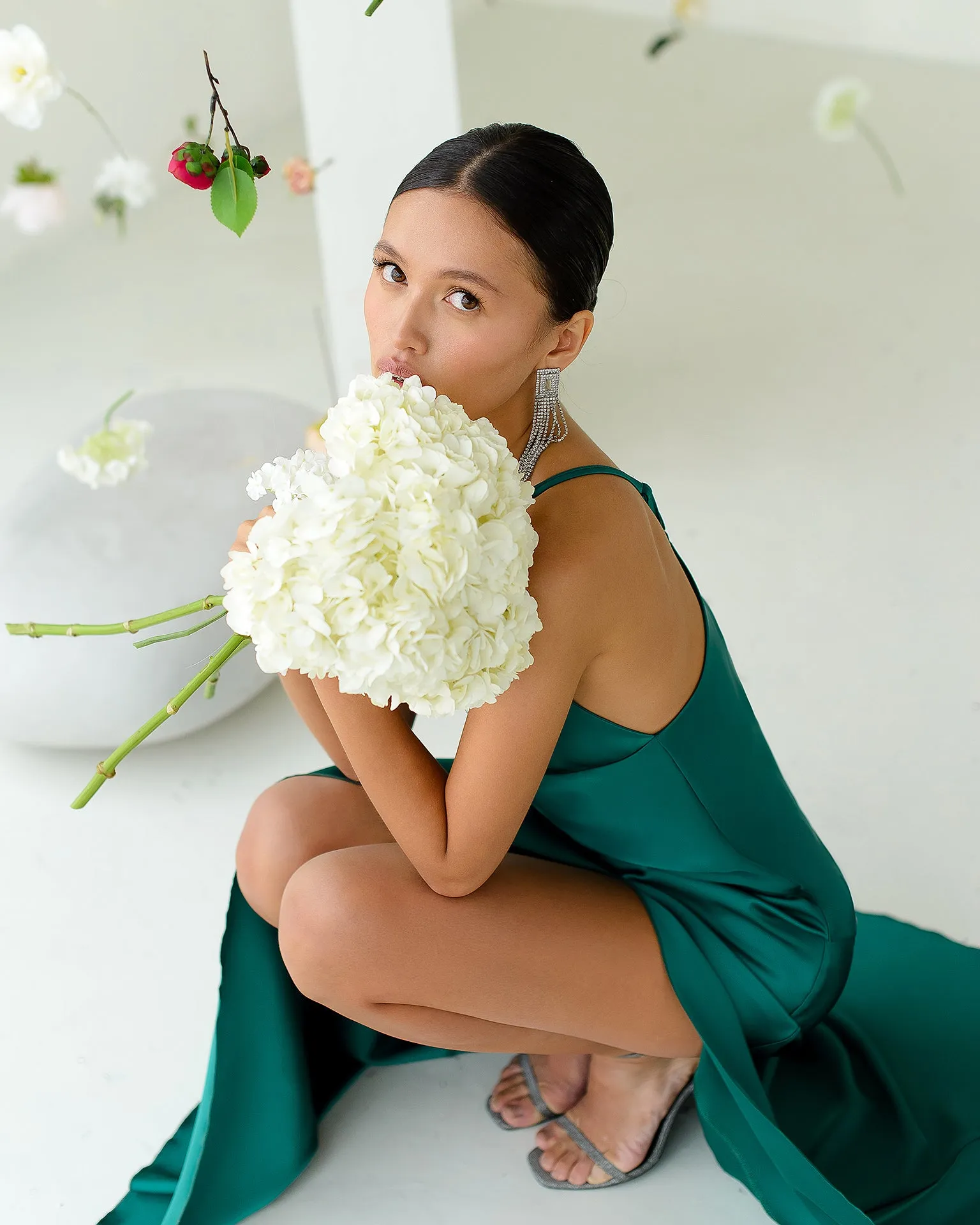 Green Satin Thigh-Slit Slip Dress