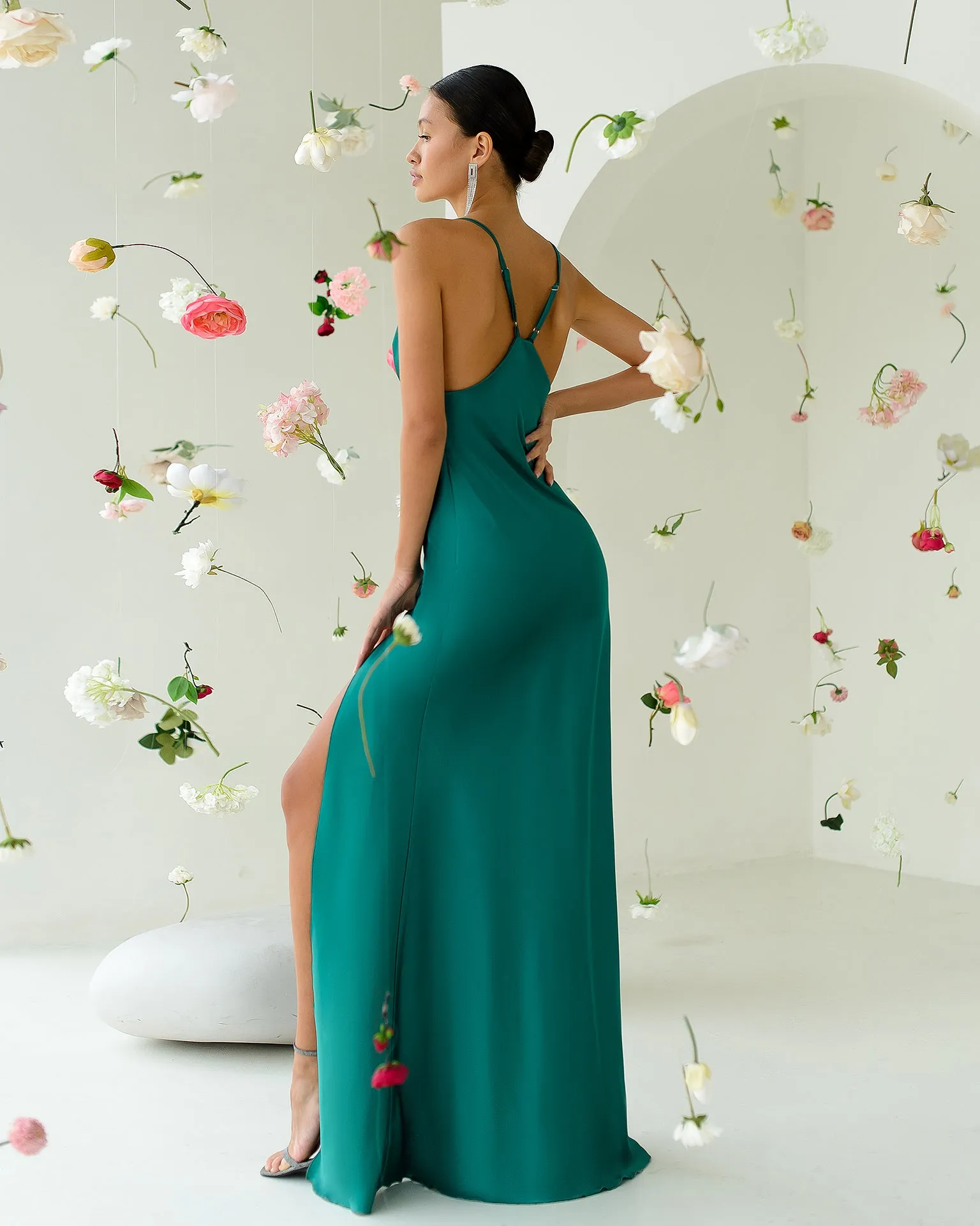 Green Satin Thigh-Slit Slip Dress