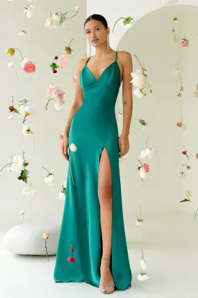 Green Satin Thigh-Slit Slip Dress