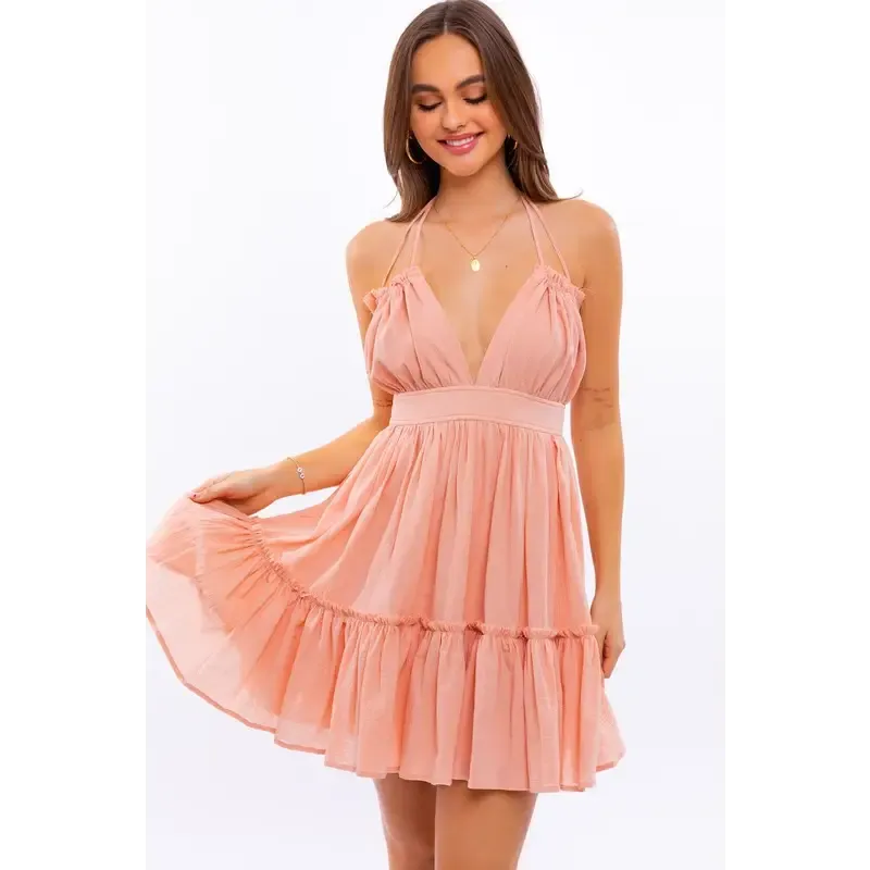 HALTER BABYDOLL TIERED MINI DRESS