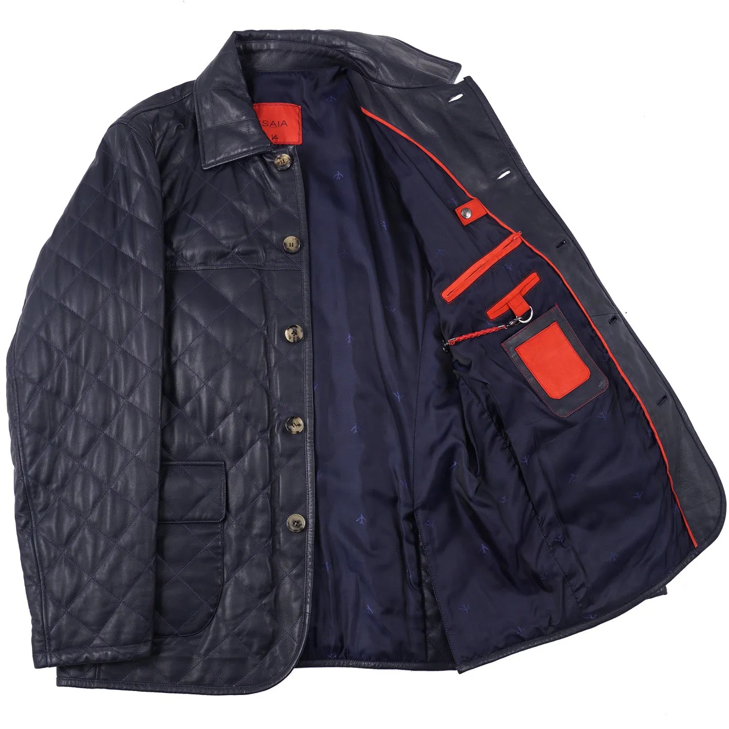 Isaia Diamond Quilted Leather Jacket in Navy