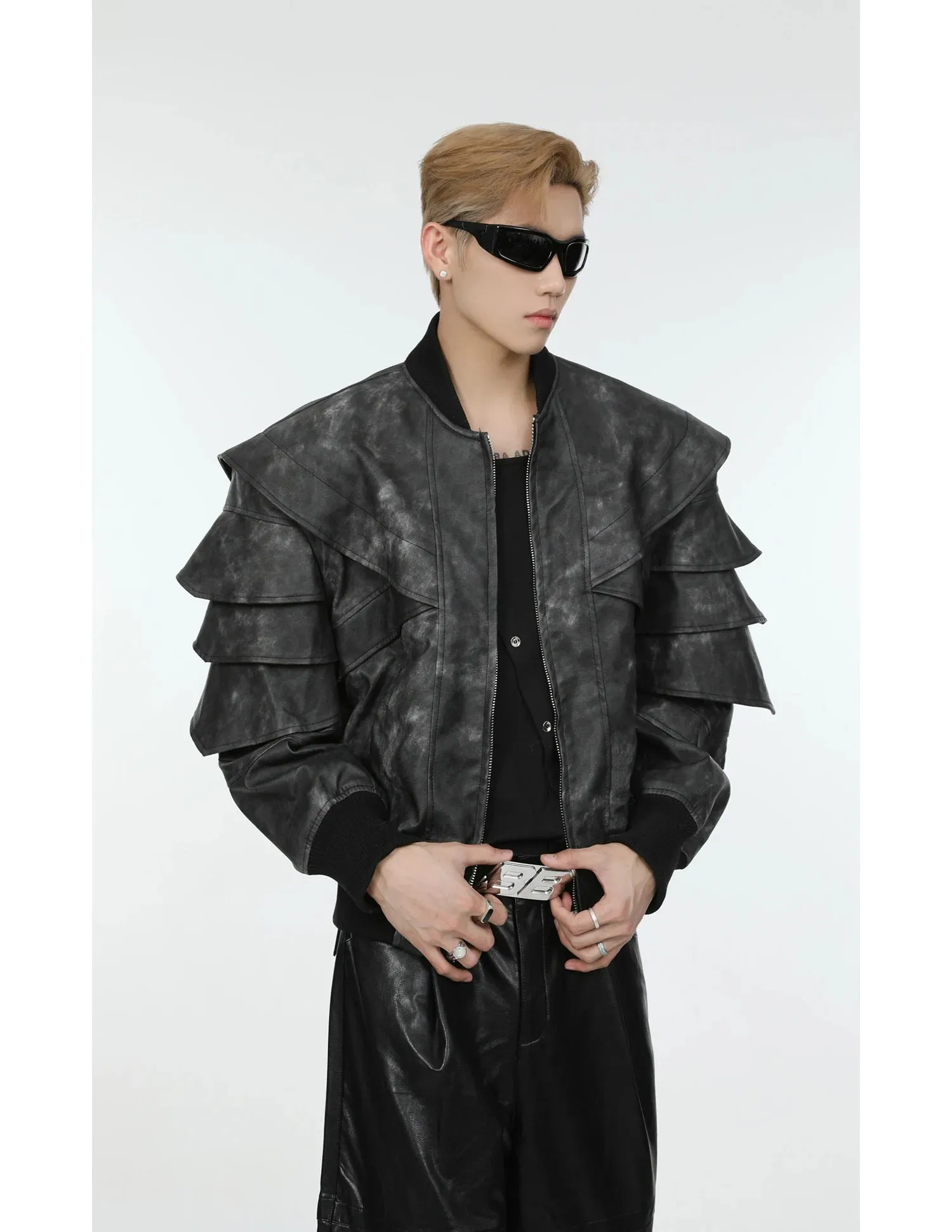 Men's Cascading Faux Leather Cropped Coat