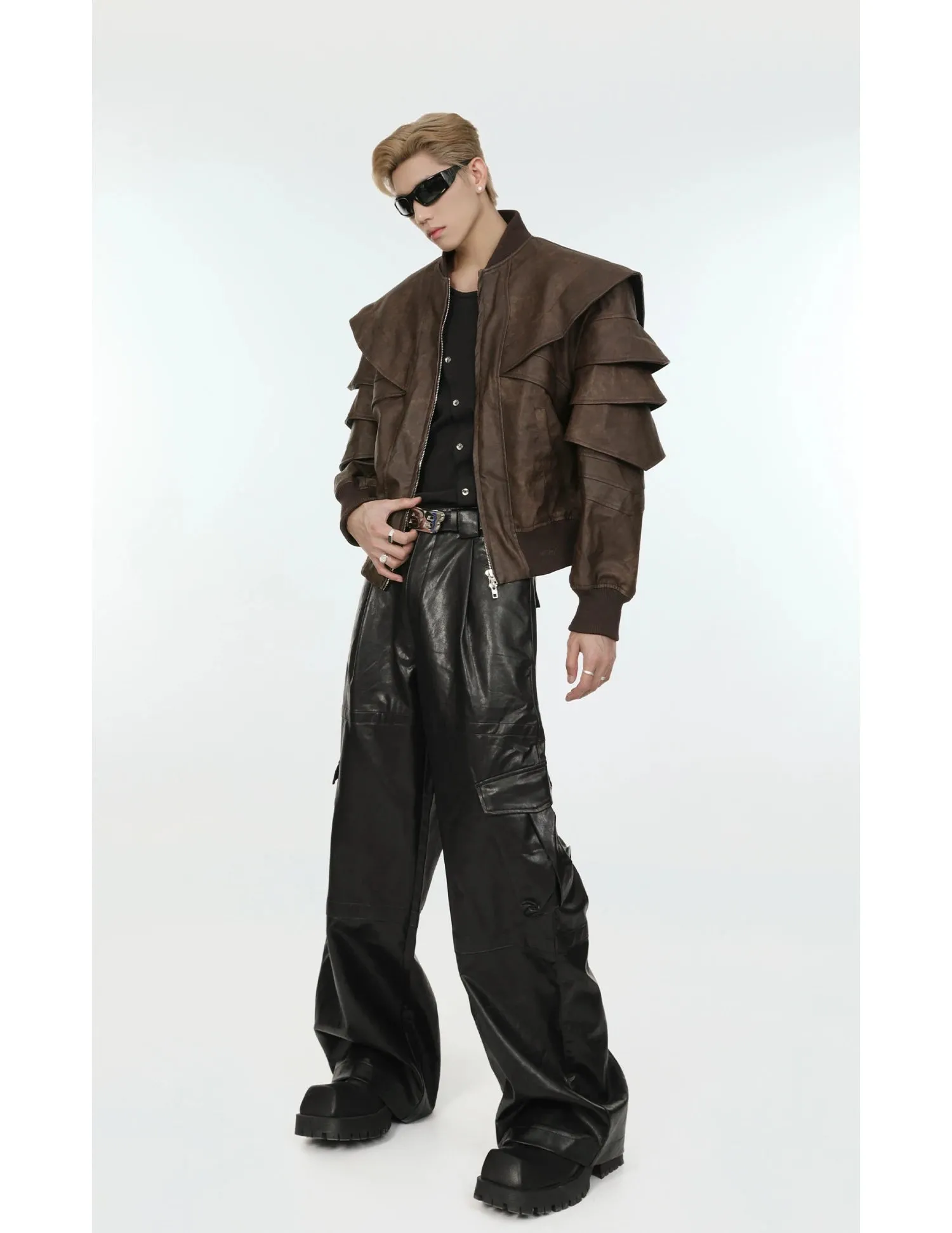 Men's Cascading Faux Leather Cropped Coat