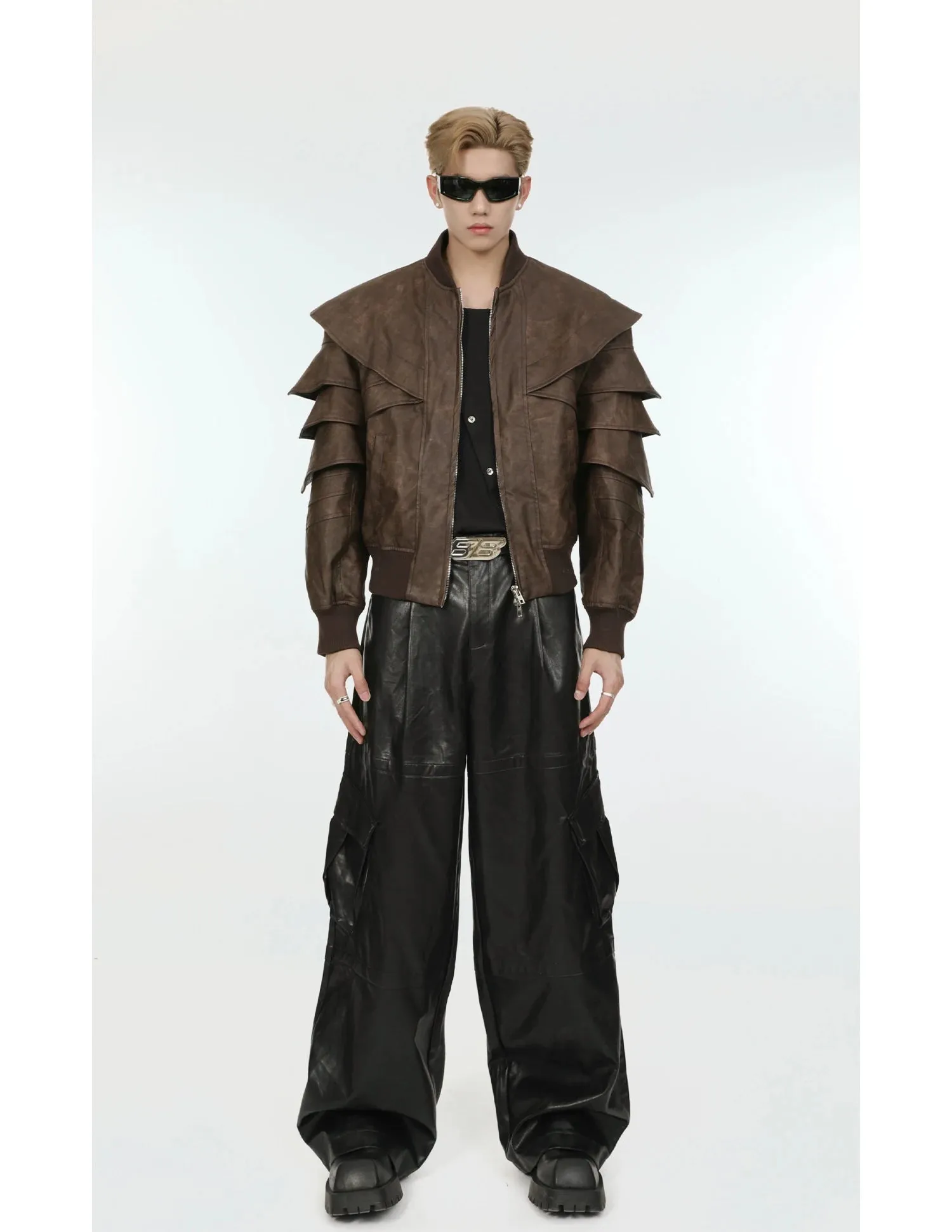 Men's Cascading Faux Leather Cropped Coat