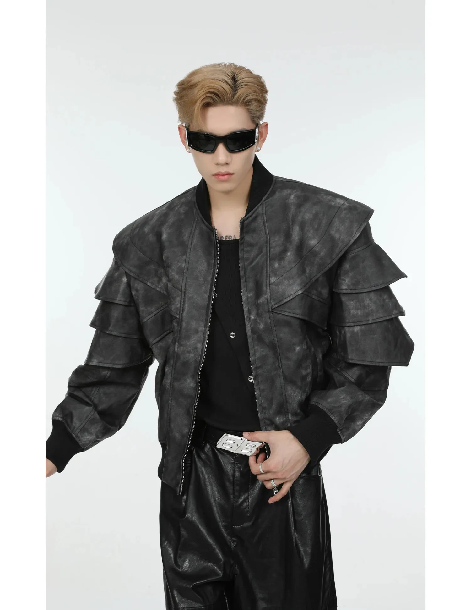 Men's Cascading Faux Leather Cropped Coat